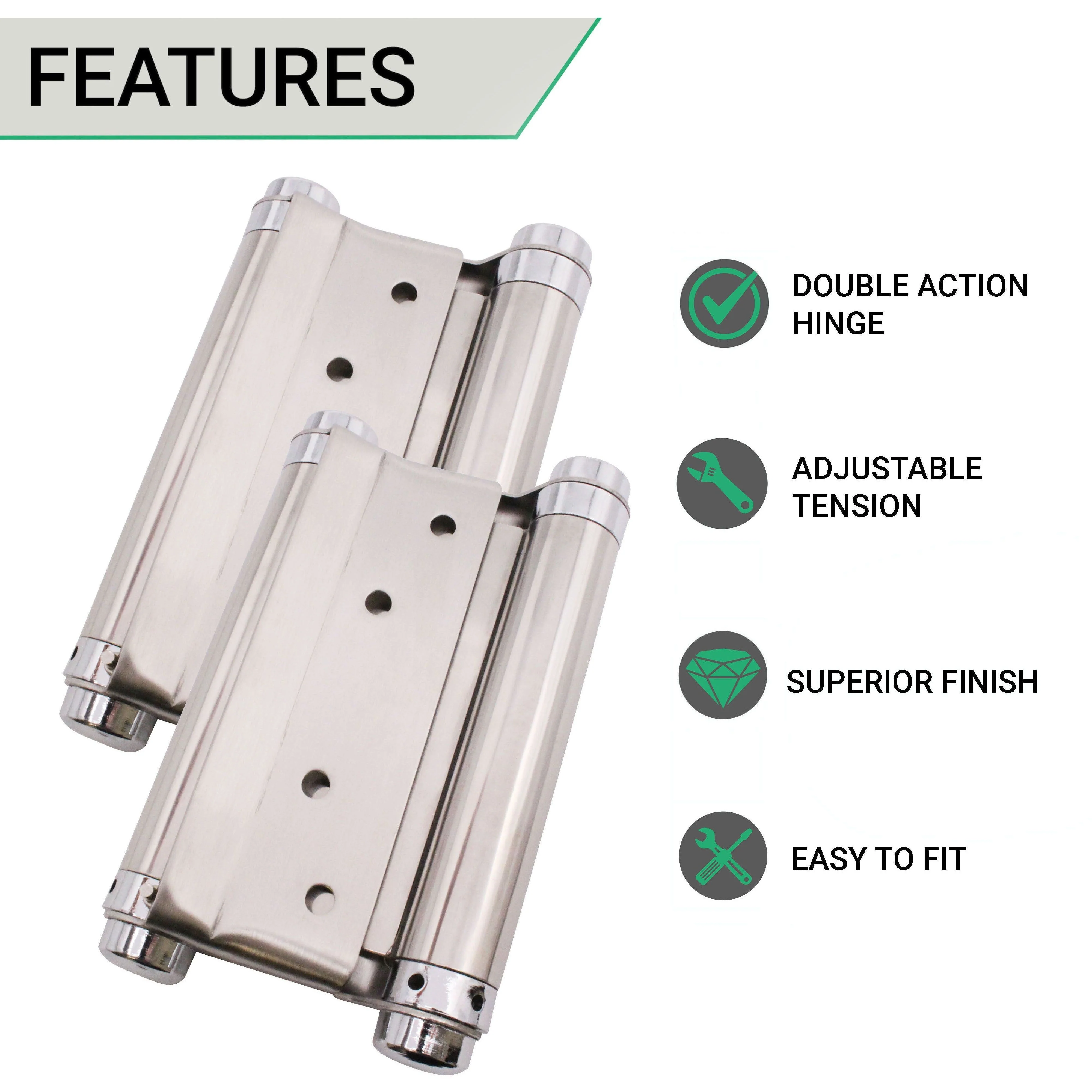 Double Action Spring Hinges 5" Stainless Steel - 127mm - Satin - Pair - Including Screws - Image 3