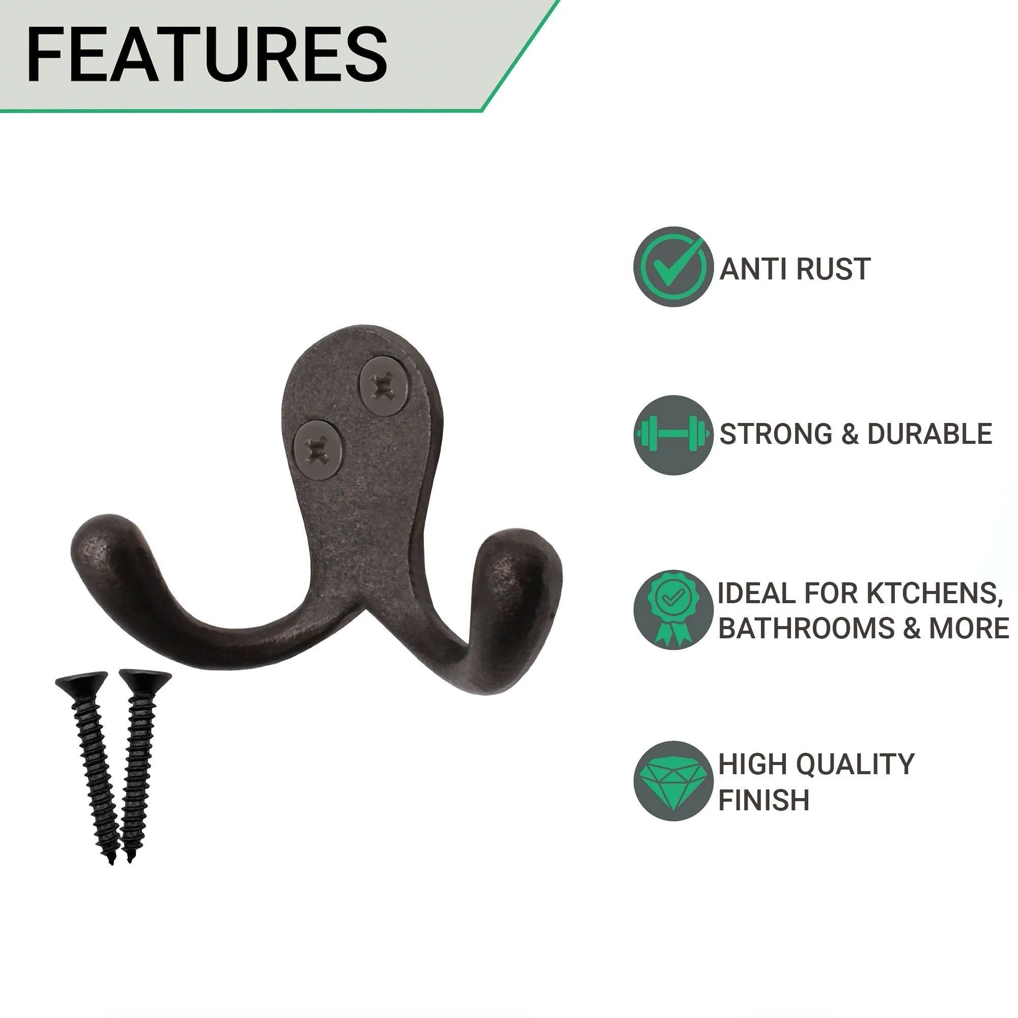 Double Robe Hook Iron Victorian British Pattern - 52mm - Pewter Polished Iron - Image 2