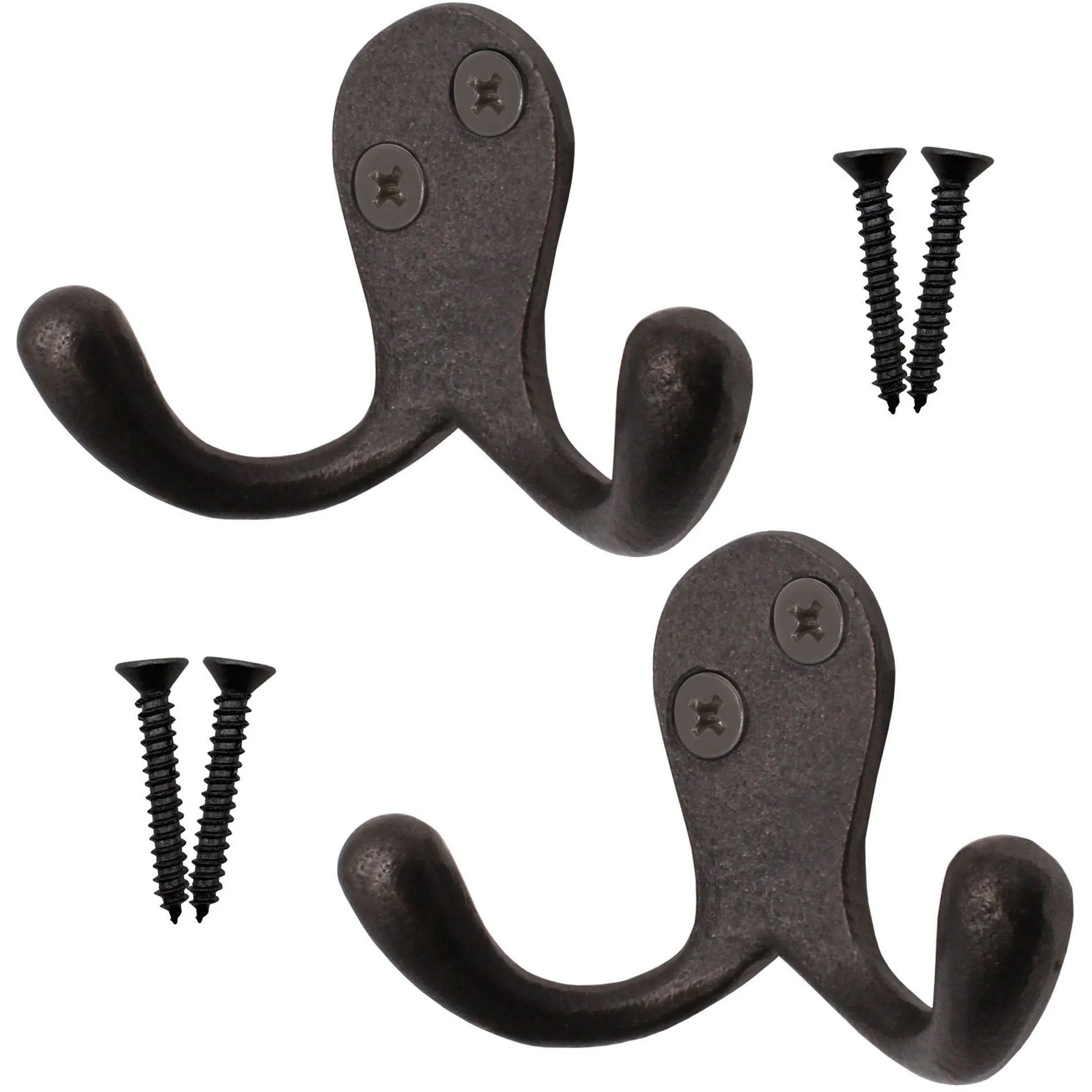 Double Robe Hook Iron Victorian British Pattern - 52mm - Pewter Polished Iron - Pack of 2