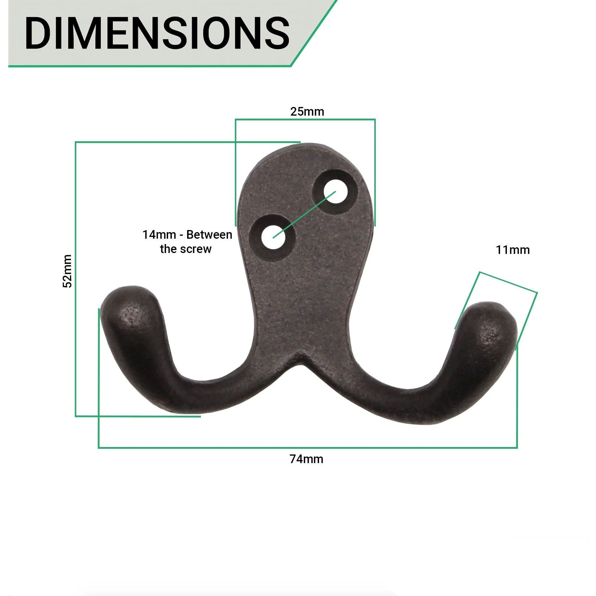 Double Robe Hook Iron Victorian British Pattern - 52mm - Pewter Polished Iron - Pack of 2 - Image 3
