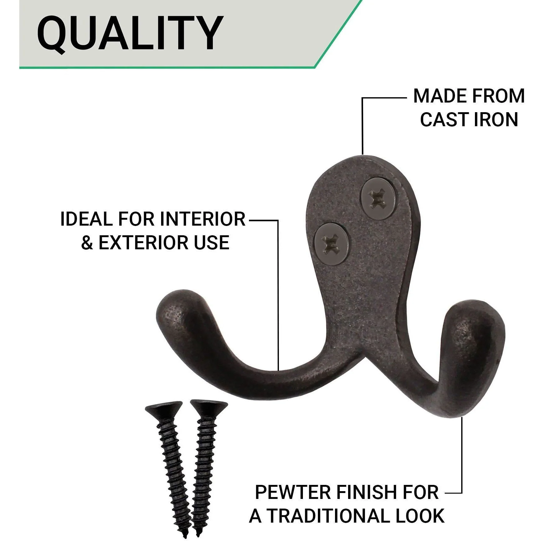 Double Robe Hook Iron Victorian British Pattern - 52mm - Pewter Polished Iron - Pack of 2 - Image 4