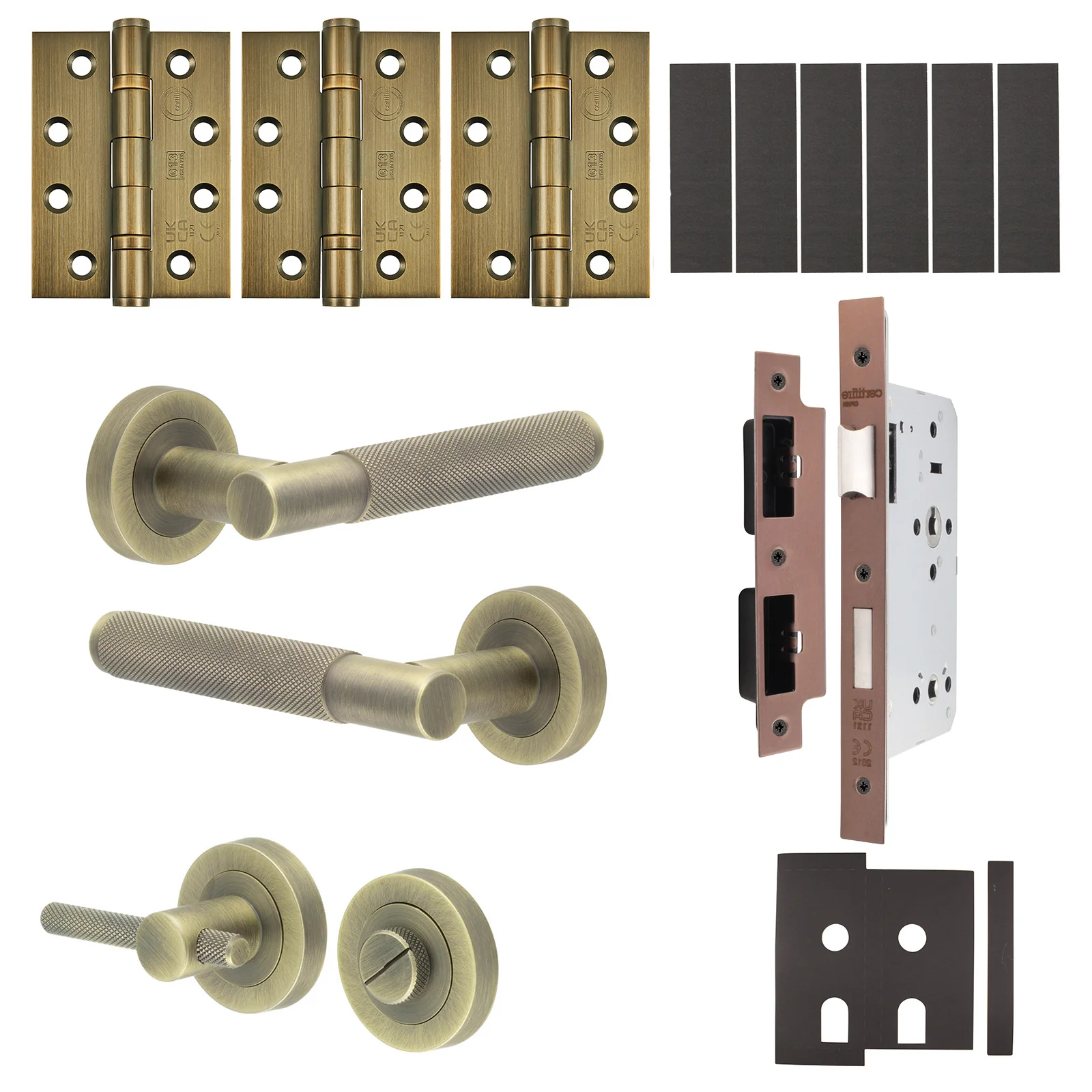 Dumont Antique Brass Lever on Rose Door Handle Kit - Heavy Duty FD30/60 - DIN Bathroom Lock