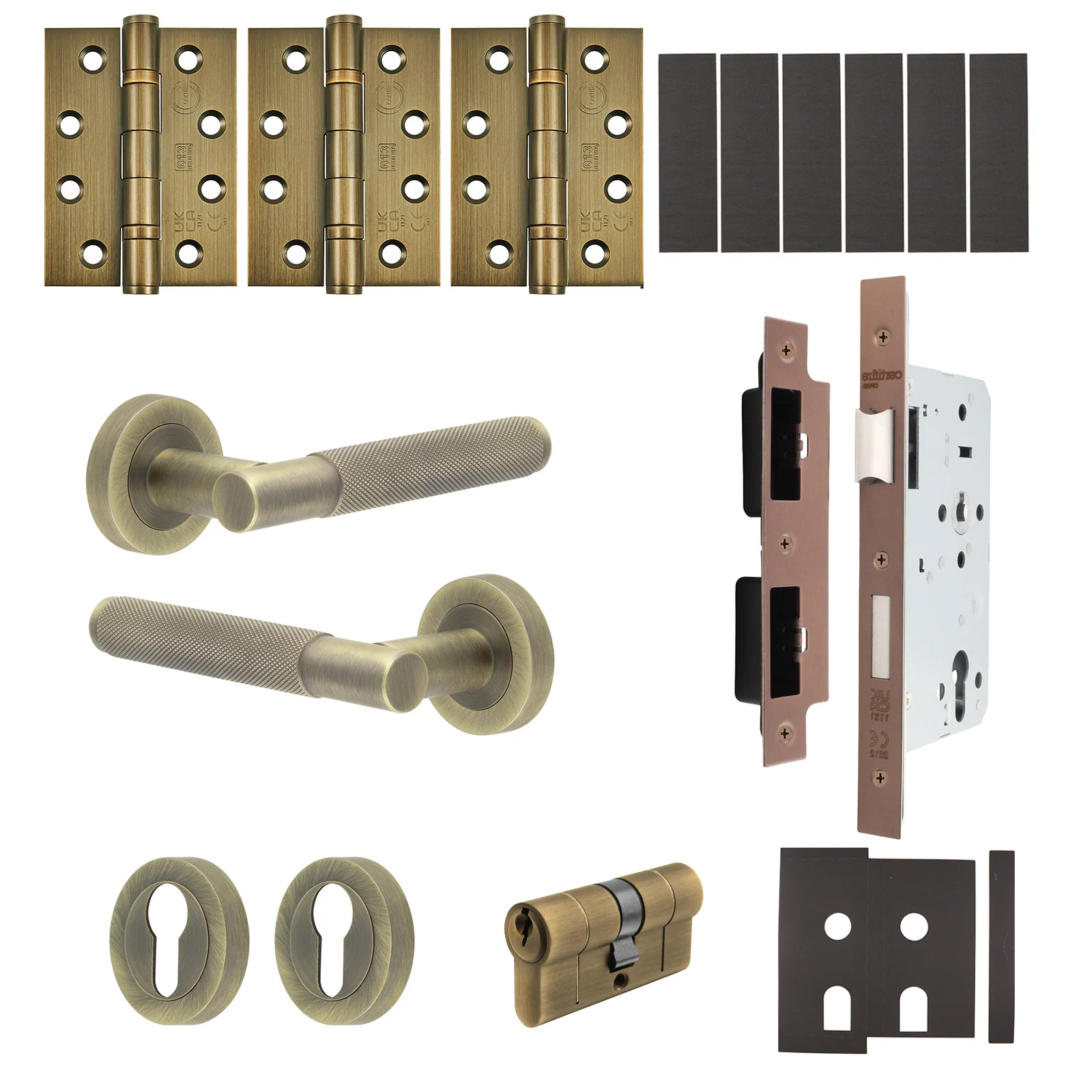 Dumont Antique Brass Lever on Rose Door Handle Kit - Heavy Duty FD30/60 - DIN Euro Sashlock and Double Cylinder - Keyed Alike