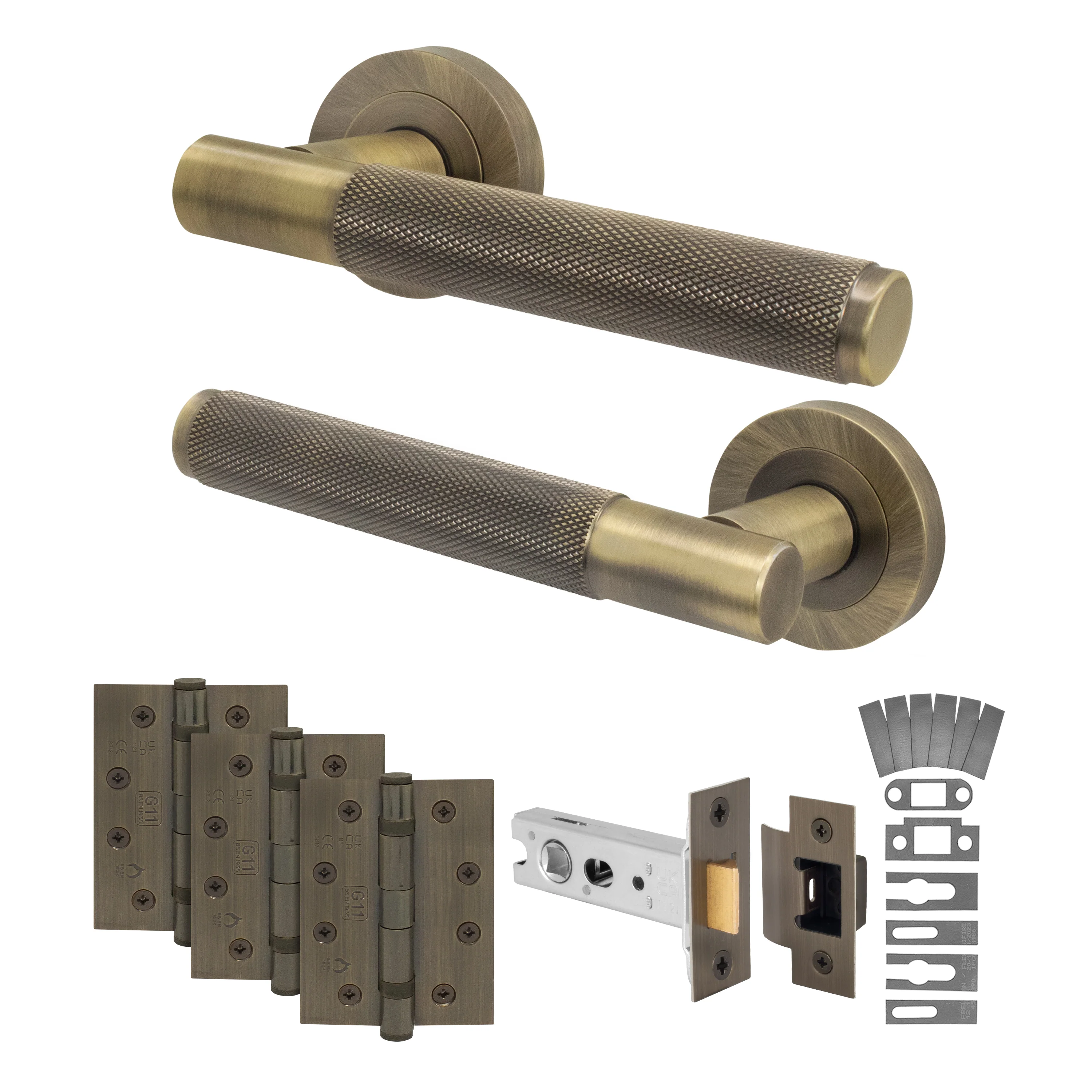 Dumont Antique Brass Lever on Rose Door Handle Kit - Medium Duty FD30/60 - 76mm Latch