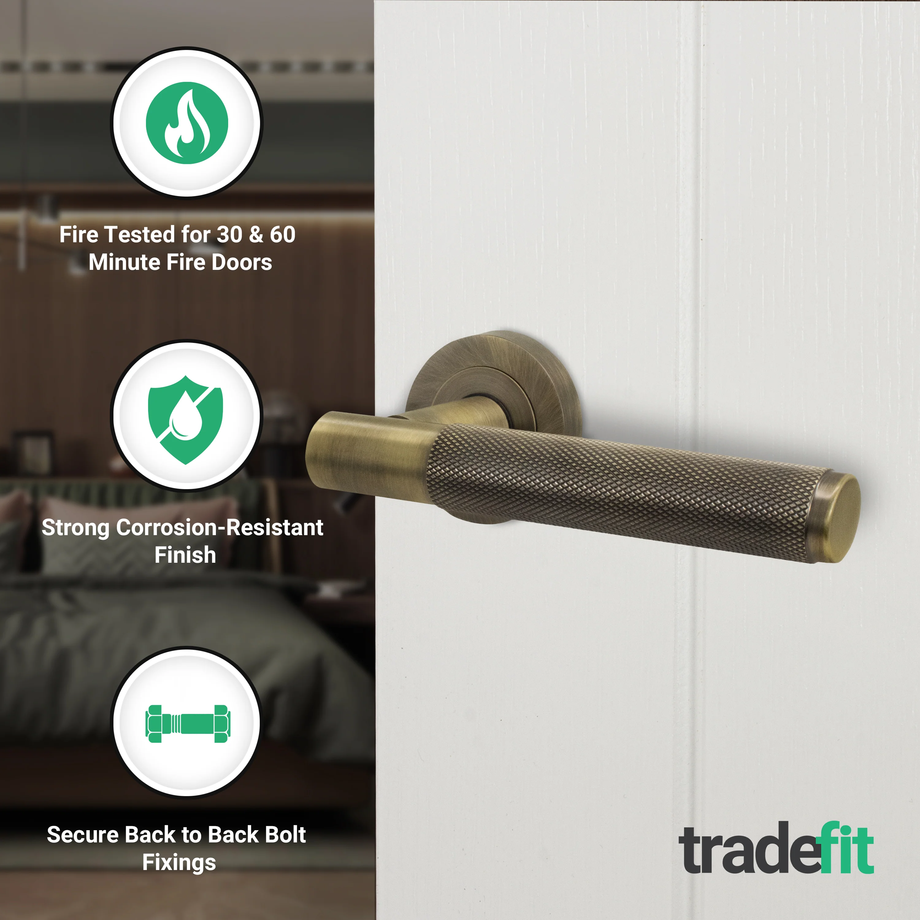 Dumont Antique Brass Lever on Rose Door Handle Kit - Medium Duty FD30/60 - 76mm Latch - Image 2