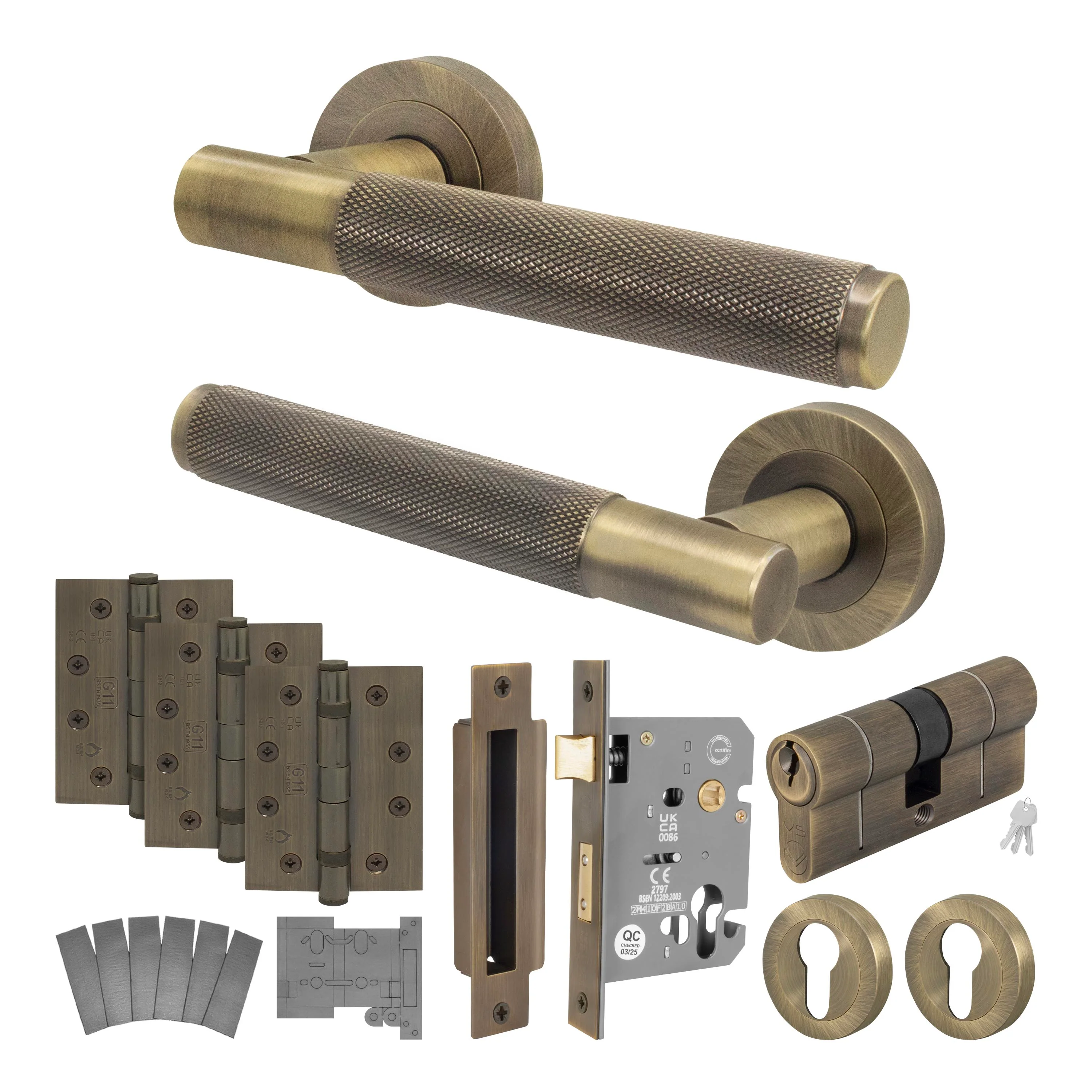 Dumont Antique Brass Lever on Rose Door Handle Kit - Medium Duty FD30/60 - 80mm Euro Sashlock and Double Cylinder - Keyed Alike