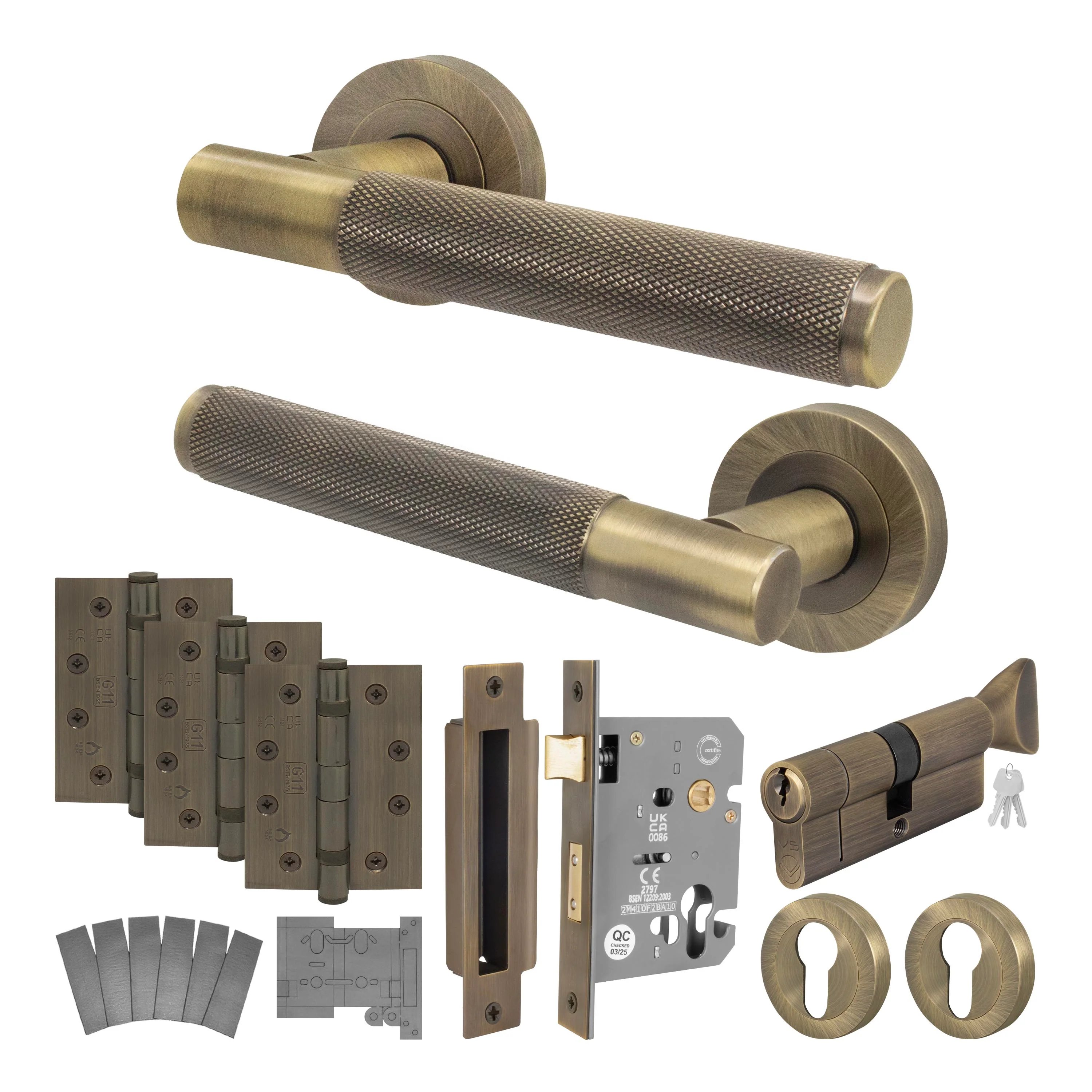 Dumont Antique Brass Lever on Rose Door Handle Kit - Medium Duty FD30/60 - 80mm Euro Sashlock and Thumbturn Cylinder - Keyed Alike