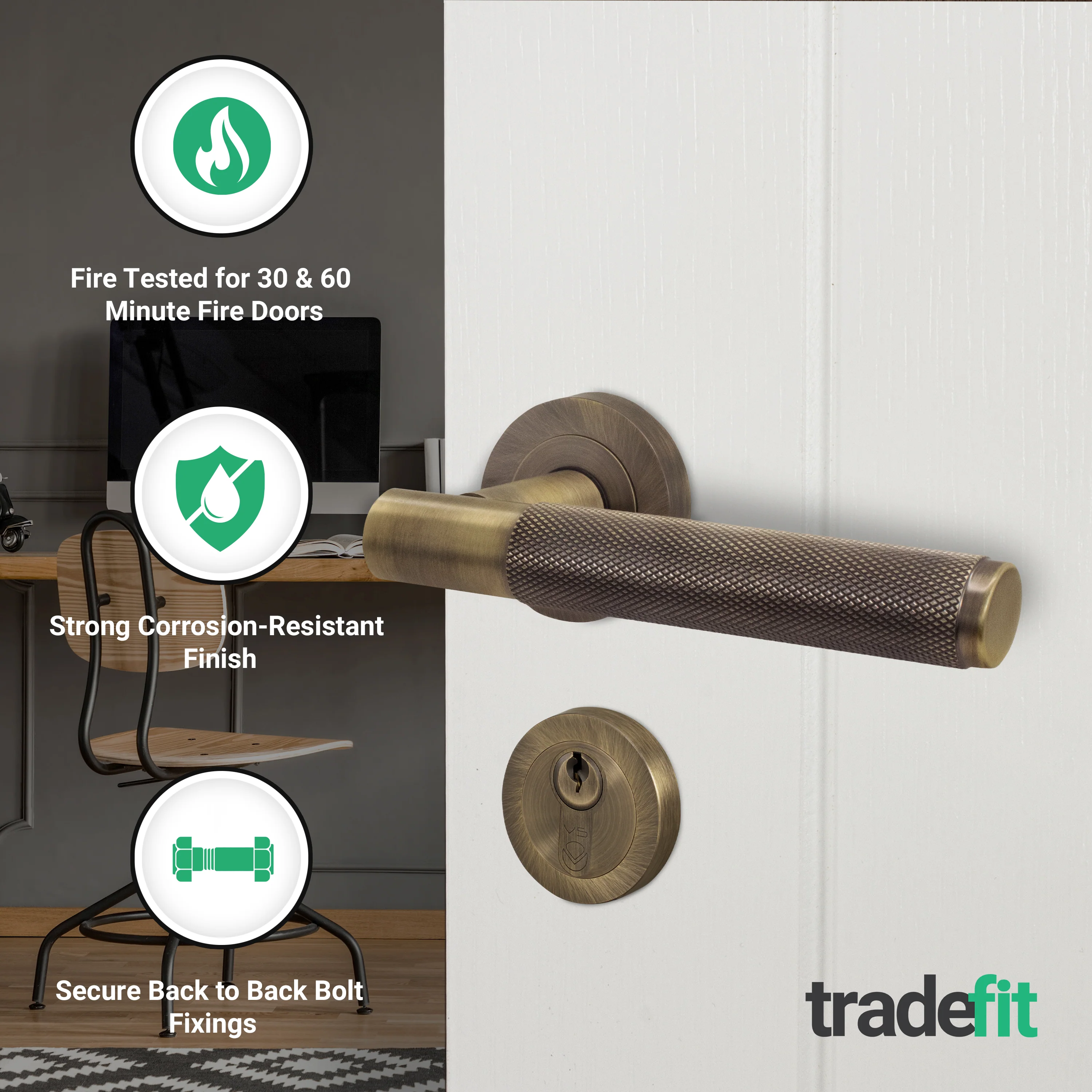 Dumont Antique Brass Lever on Rose Door Handle Kit - Medium Duty FD30/60 - 80mm Euro Sashlock and Thumbturn Cylinder - Keyed Alike - Image 2