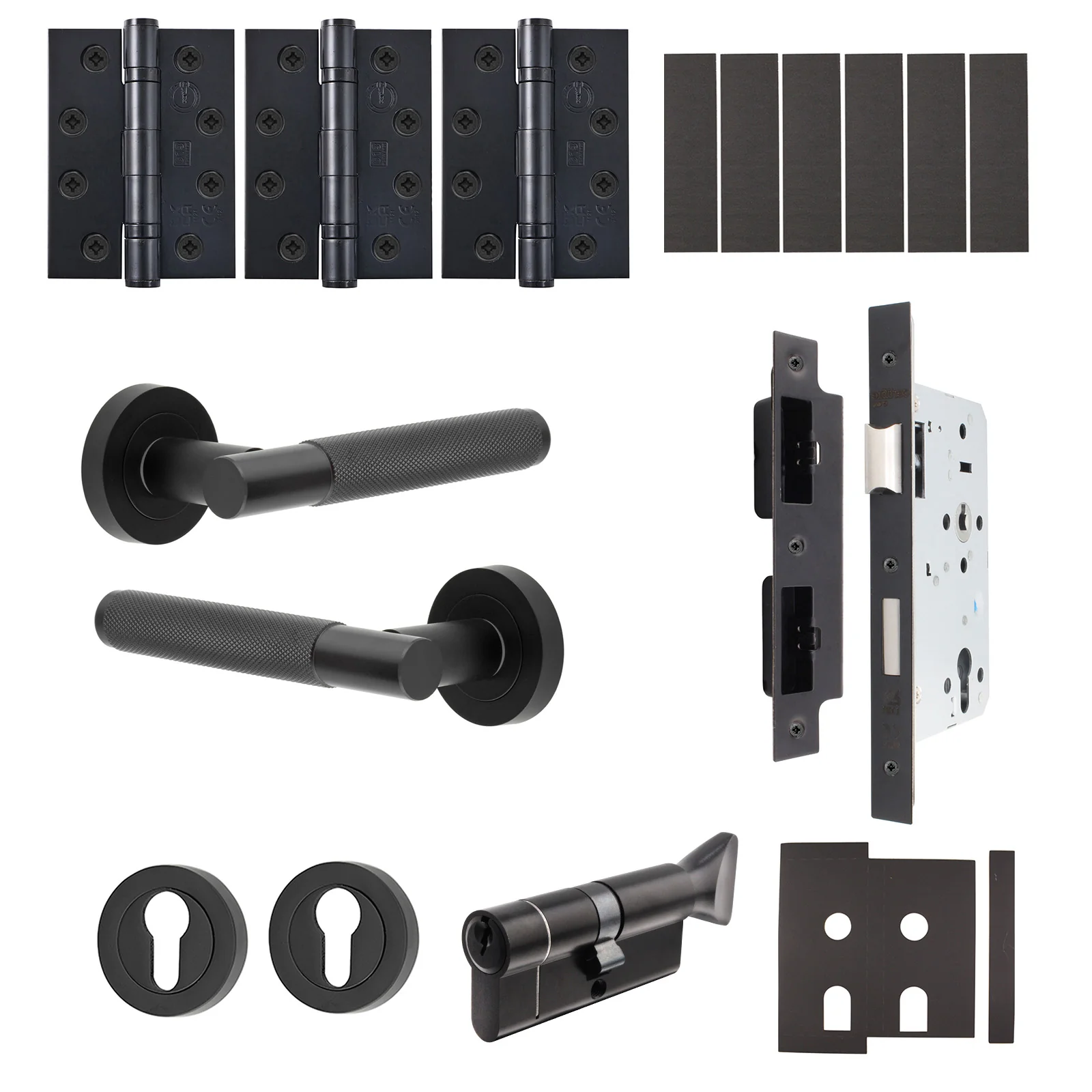 Dumont Matt Black Lever on Rose Door Handle Kit - Heavy Duty FD30/60 - DIN Euro Sashlock and Thumbturn Cylinder - Master Keyed