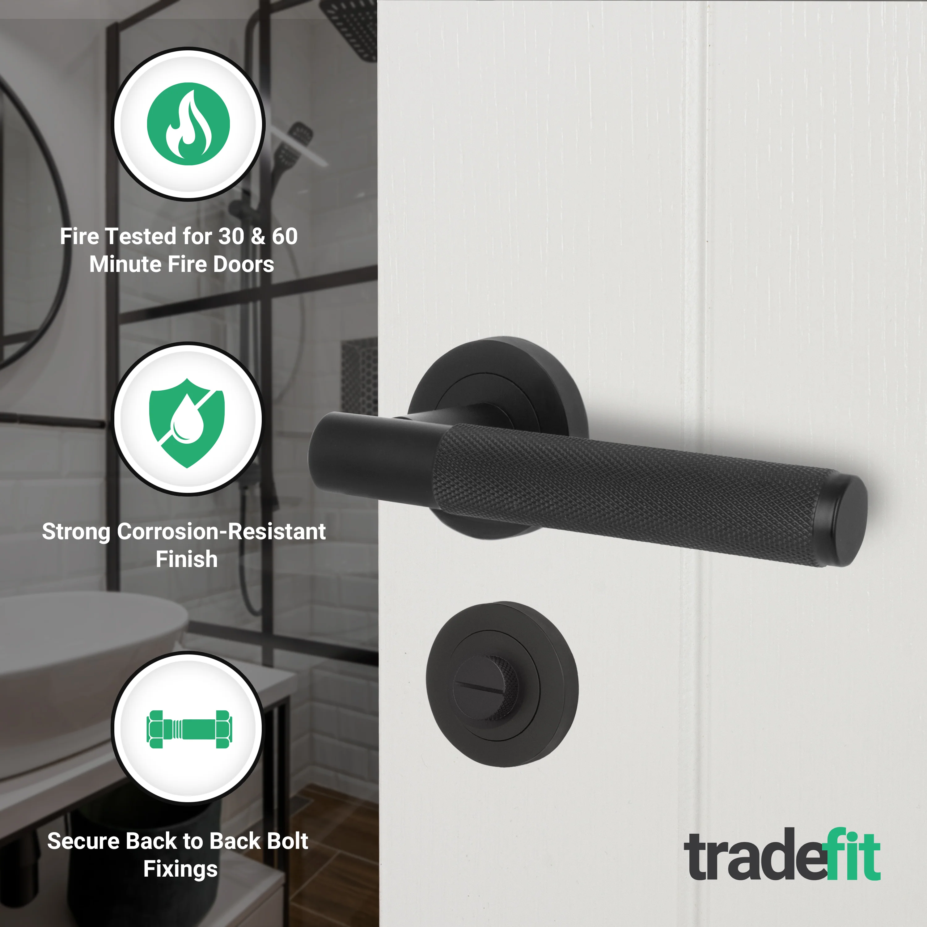 Dumont Matt Black Lever on Rose Door Handle Kit - Medium Duty FD30/60 - 80mm Bathroom Lock - Image 2