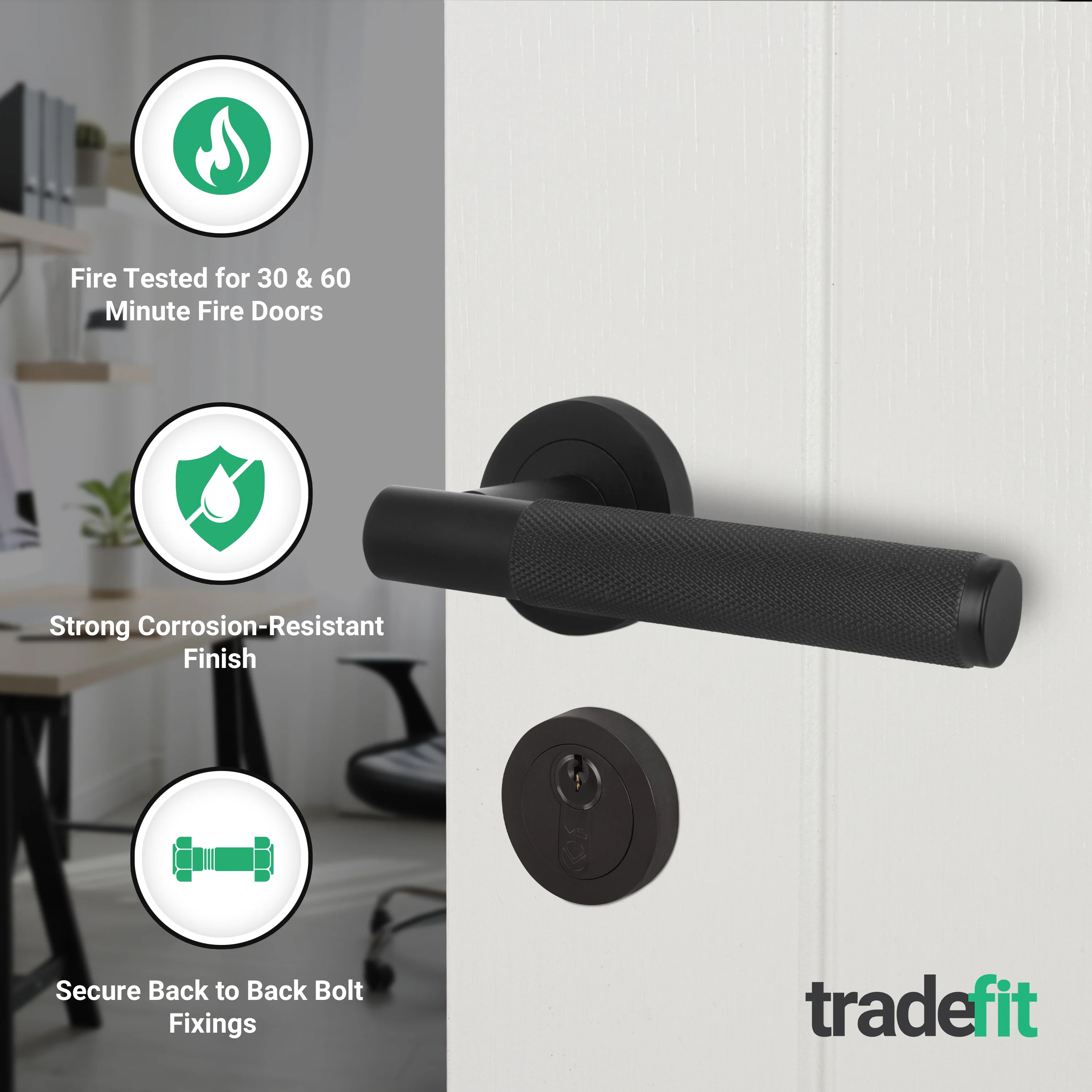 Dumont Matt Black Lever on Rose Door Handle Kit - Medium Duty FD30/60 - 80mm Euro Sashlock and Double Cylinder - Master Keyed - Image 10
