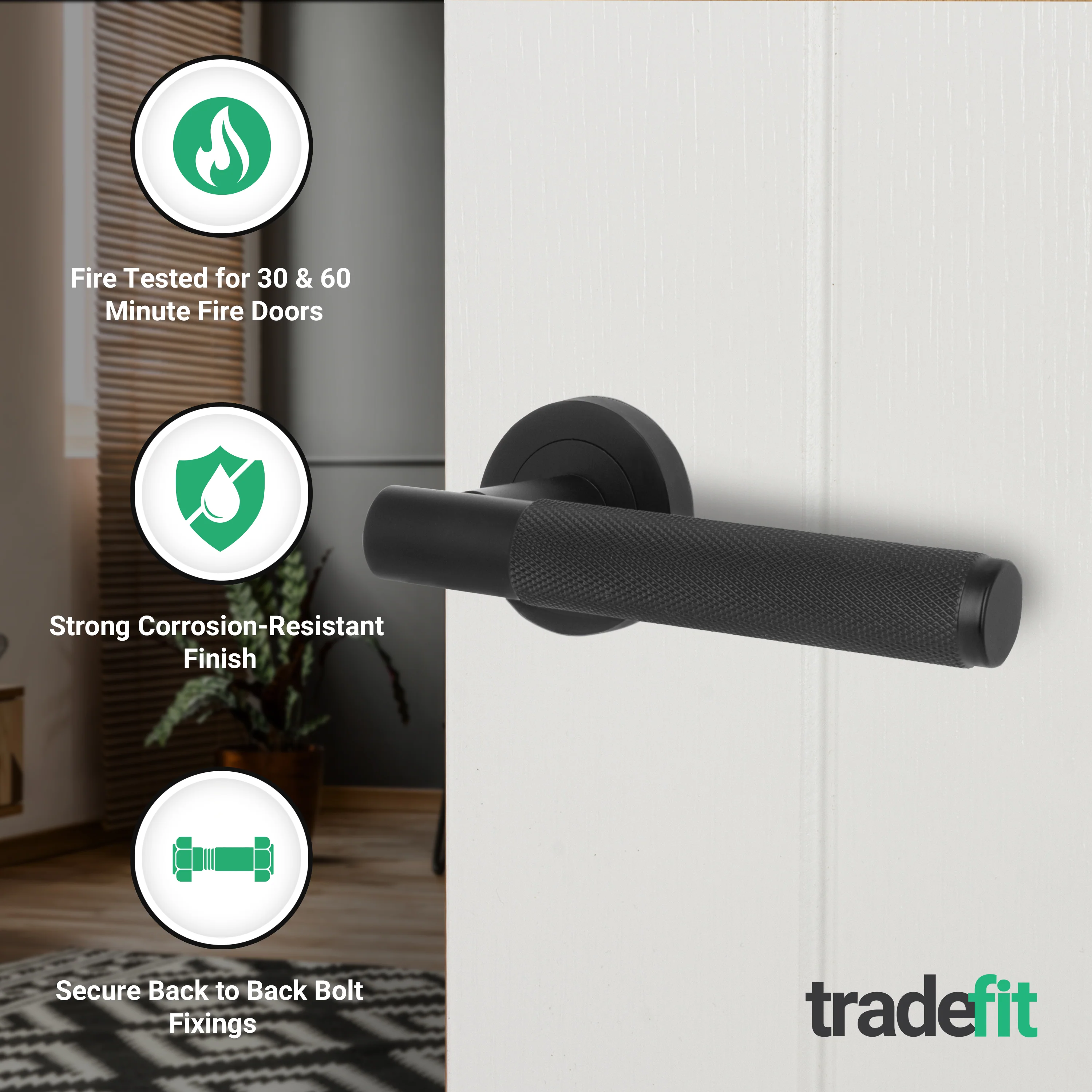 Dumont Matt Black Lever on Rose Door Handles - Heavy Duty - FD30/60 Rated - Image 2