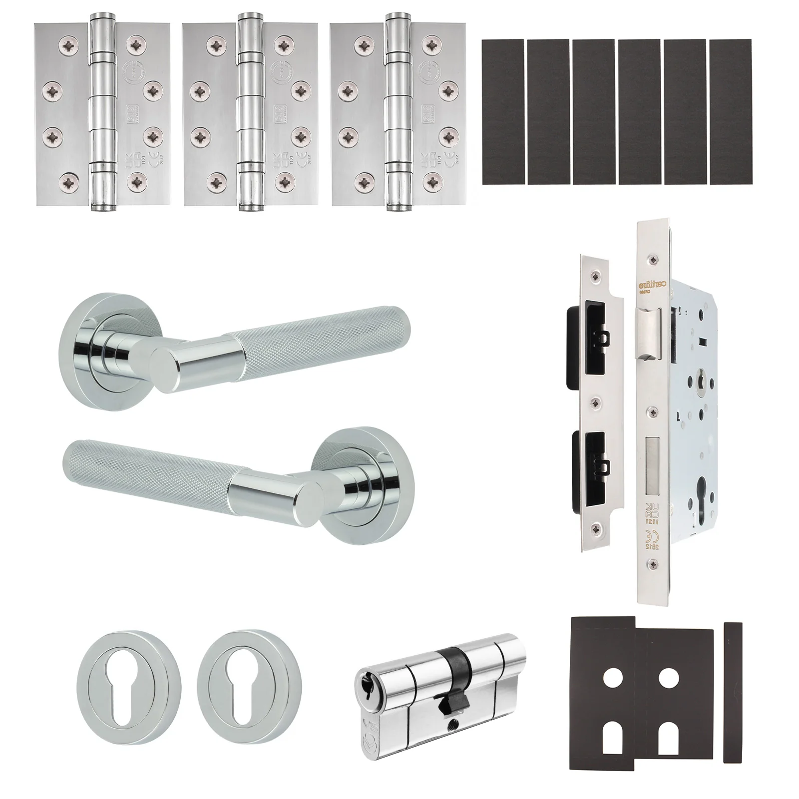 Dumont Polished Chrome Lever on Rose Door Handle Kit - Heavy Duty FD30/60 - DIN Euro Sashlock and Double Cylinder - Master Keyed