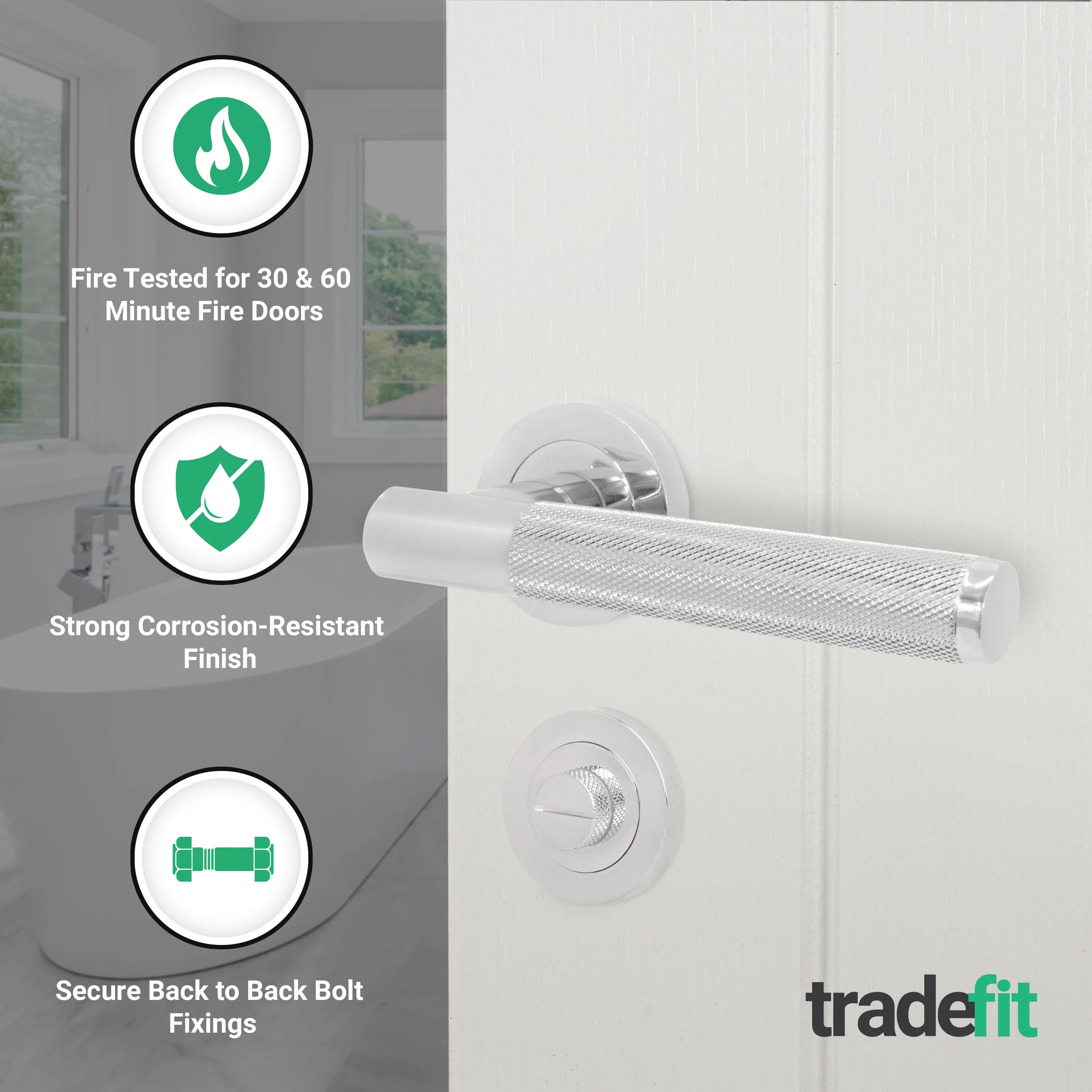 Dumont Polished Chrome Lever on Rose Door Handle Kit - Medium Duty FD30/60 - 80mm Bathroom Lock - Image 2