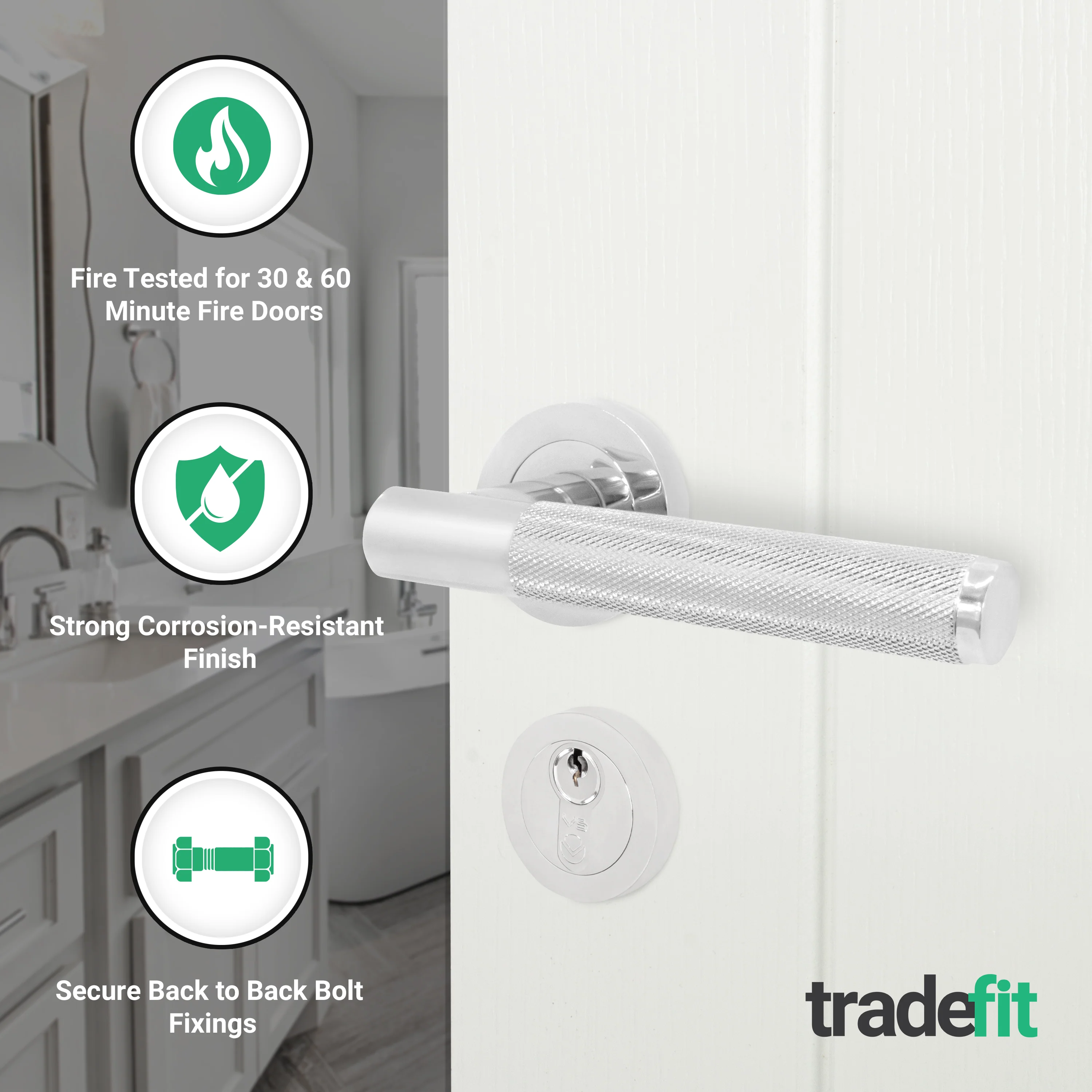 Dumont Polished Chrome Lever on Rose Door Handle Kit - Medium Duty FD30/60 - 80mm Euro Sashlock and Thumbturn Cylinder - Keyed Alike - Image 2