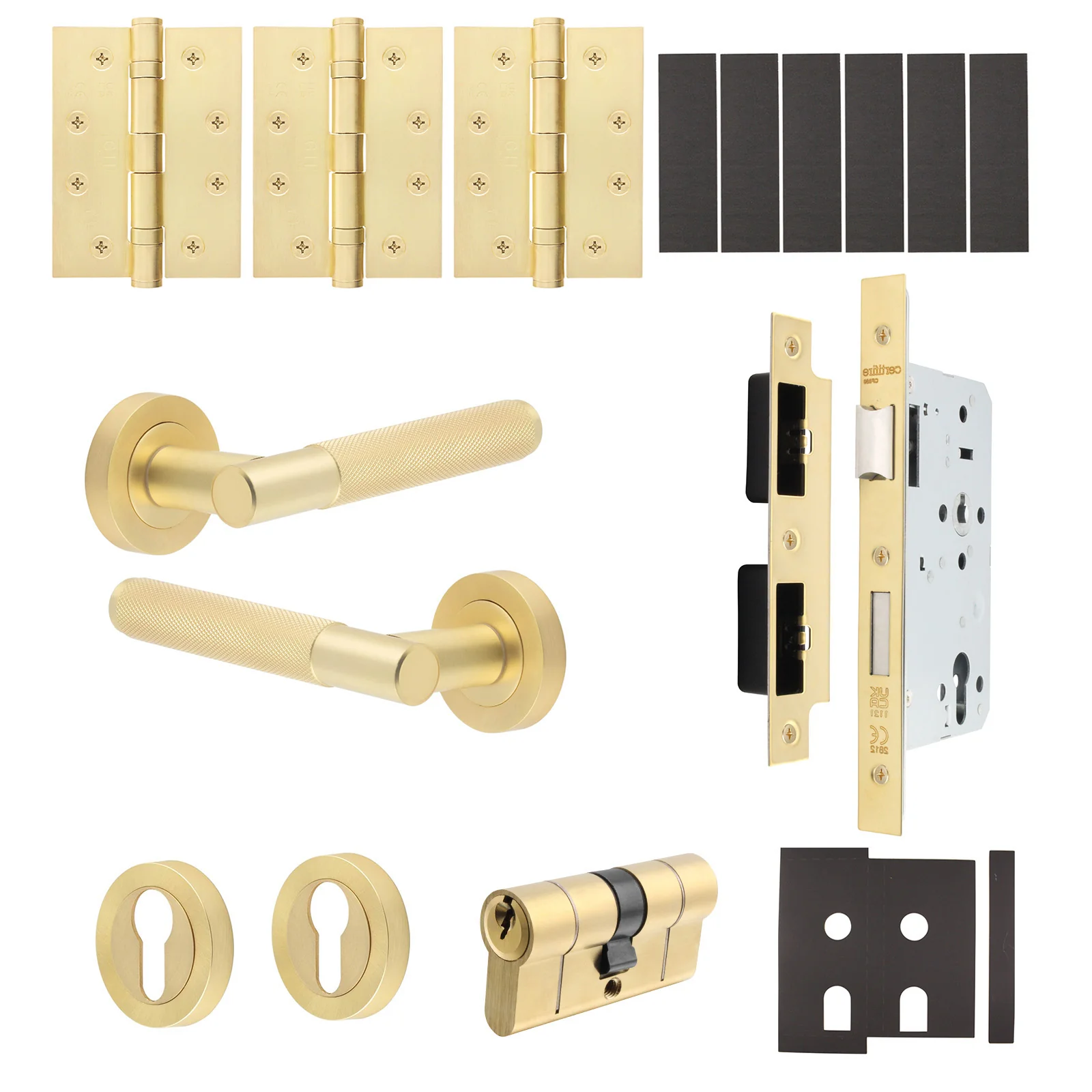 Dumont Satin Brass Lever on Rose Door Handle Kit - Heavy Duty FD30/60 - DIN Euro Sashlock and Double Cylinder - Keyed Alike