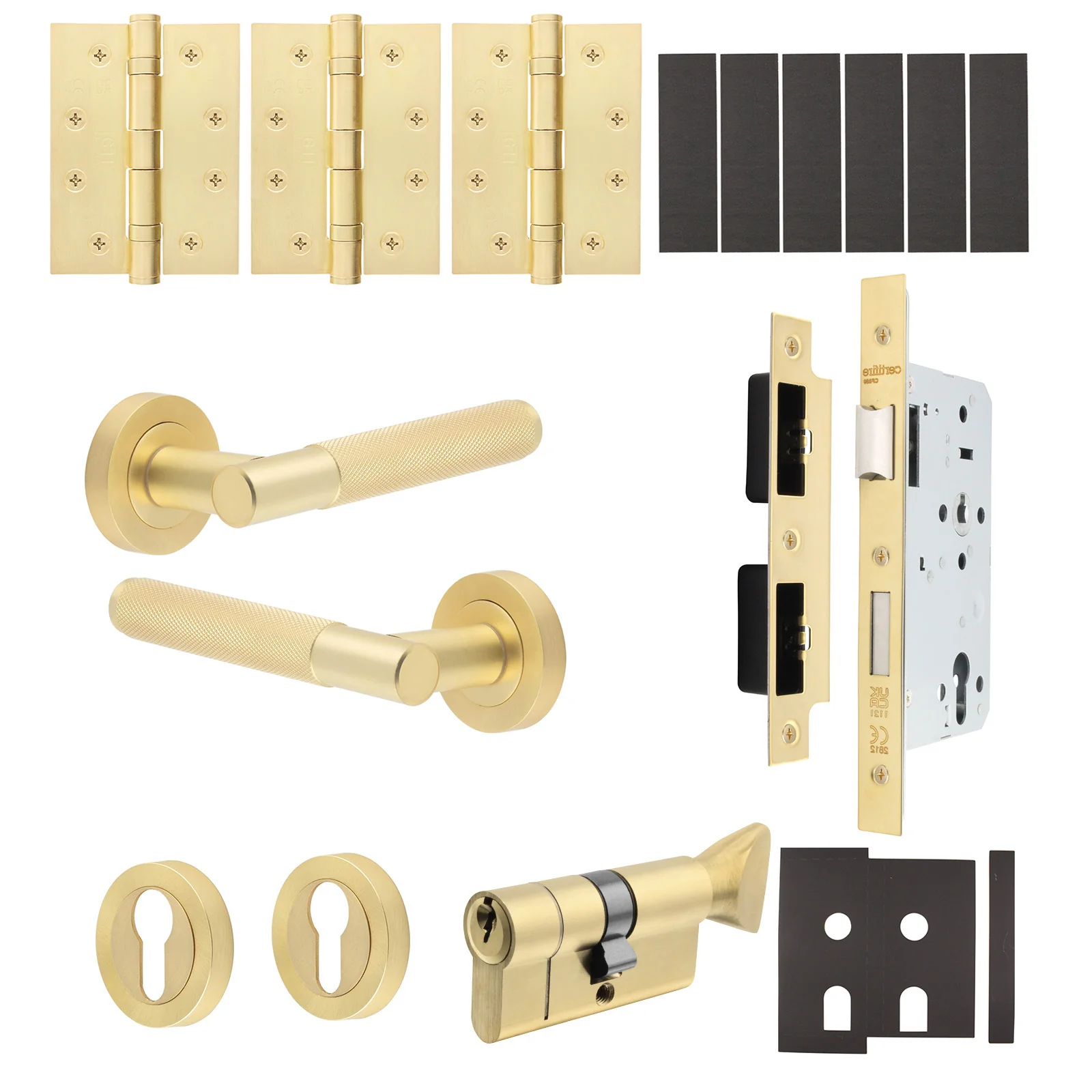 Dumont Satin Brass Lever on Rose Door Handle Kit - Heavy Duty FD30/60 - DIN Euro Sashlock and Thumbturn Cylinder - Master Keyed