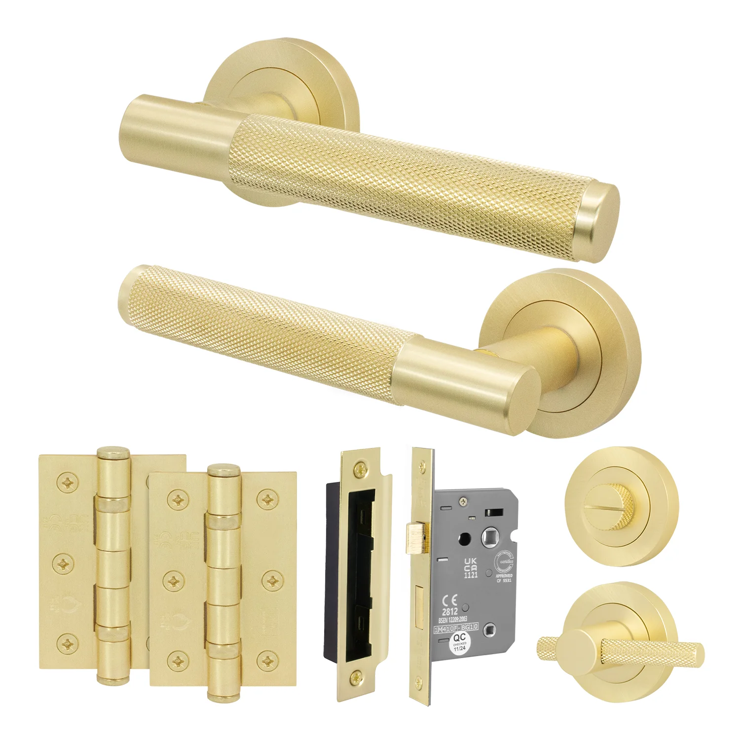 Dumont Satin Brass Lever on Rose Door Handle Kit - 64mm Bathroom Lock