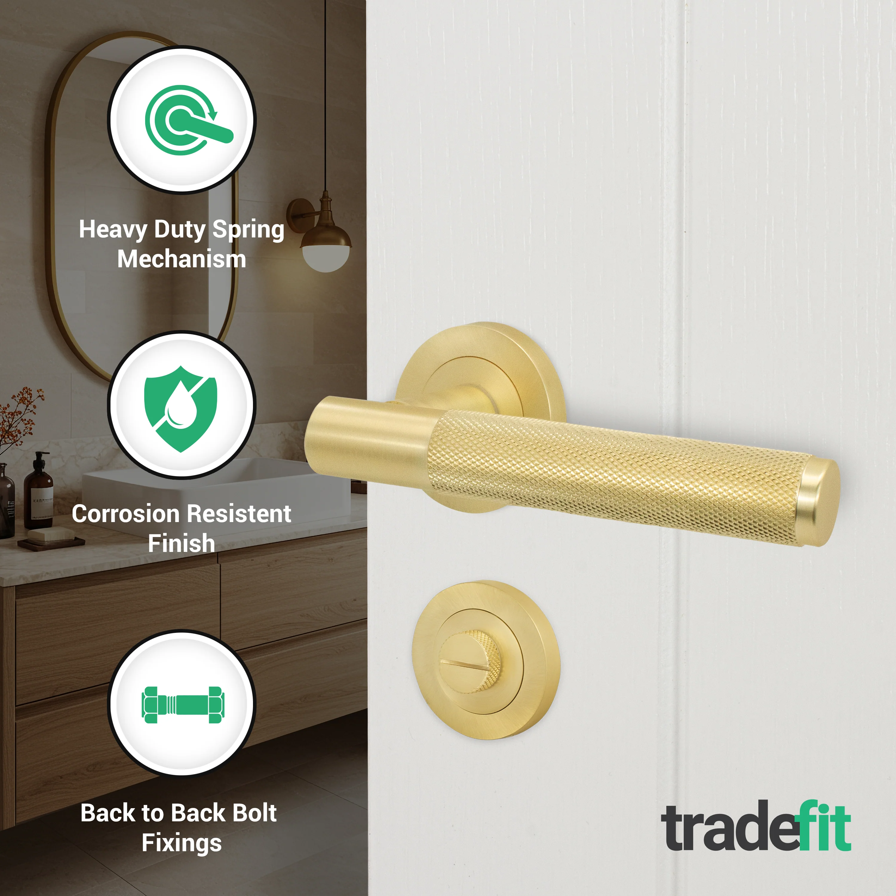 Dumont Satin Brass Lever on Rose Door Handle Kit - 64mm Bathroom Lock - Image 2