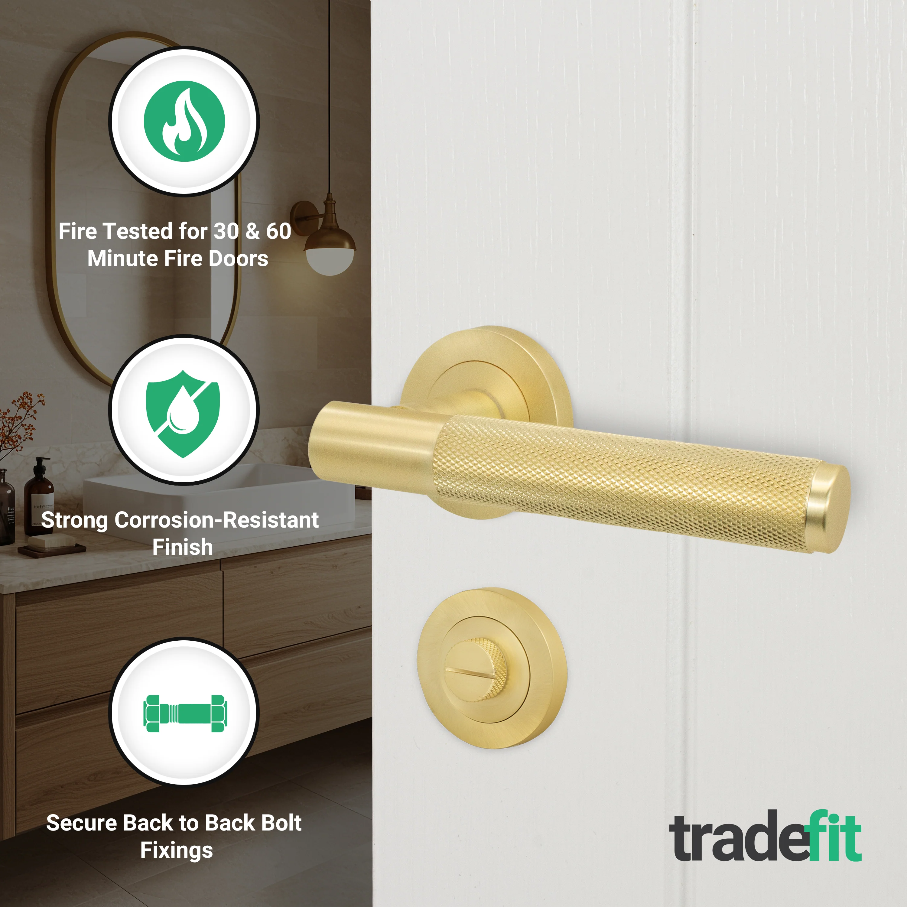 Dumont Satin Brass Lever on Rose Door Handle Kit - Medium Duty FD30/60 - 80mm Bathroom Lock - Image 2