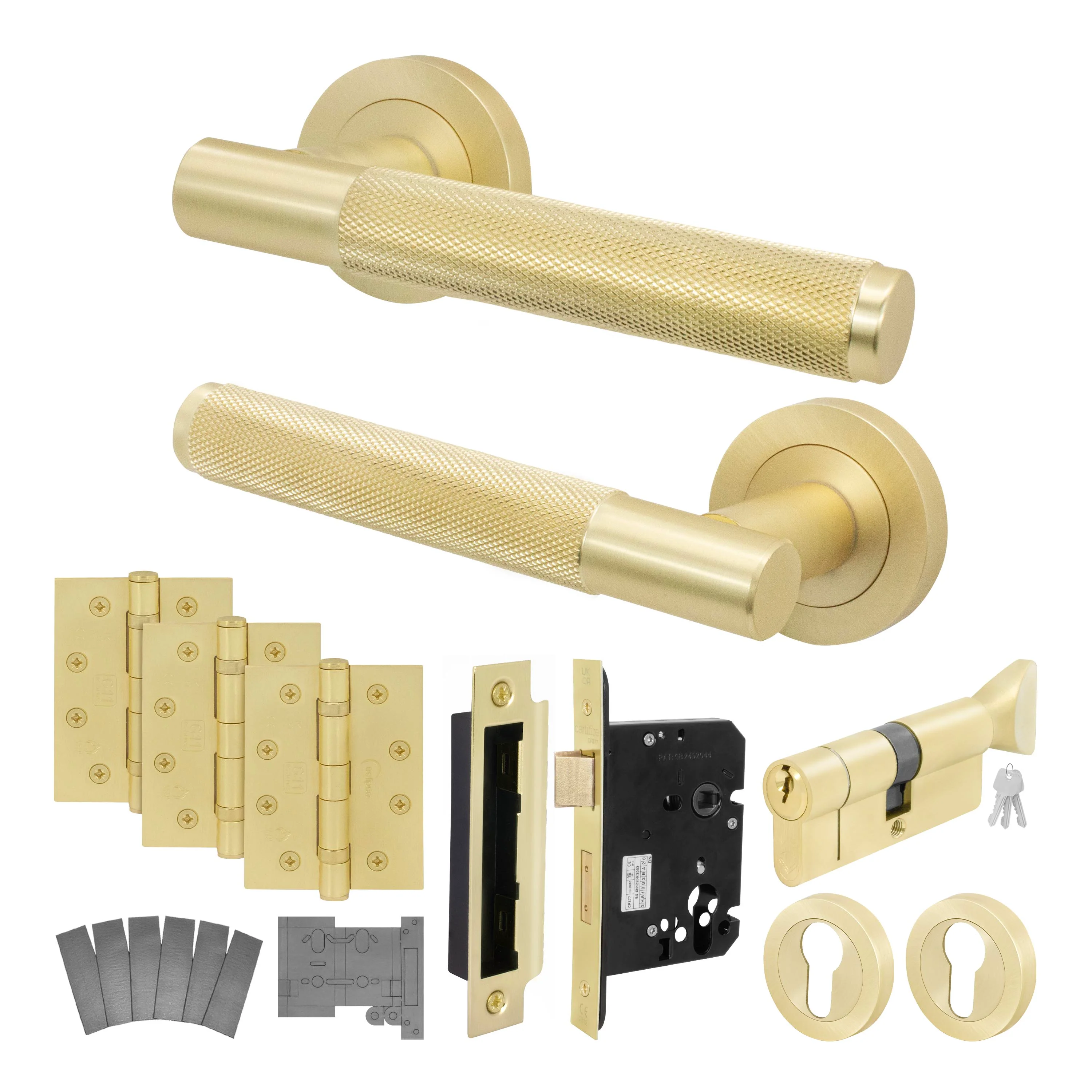 Dumont Satin Brass Lever on Rose Door Handle Kit - Medium Duty FD30/60 - 80mm Euro Sashlock and Thumbturn Cylinder - Keyed Alike