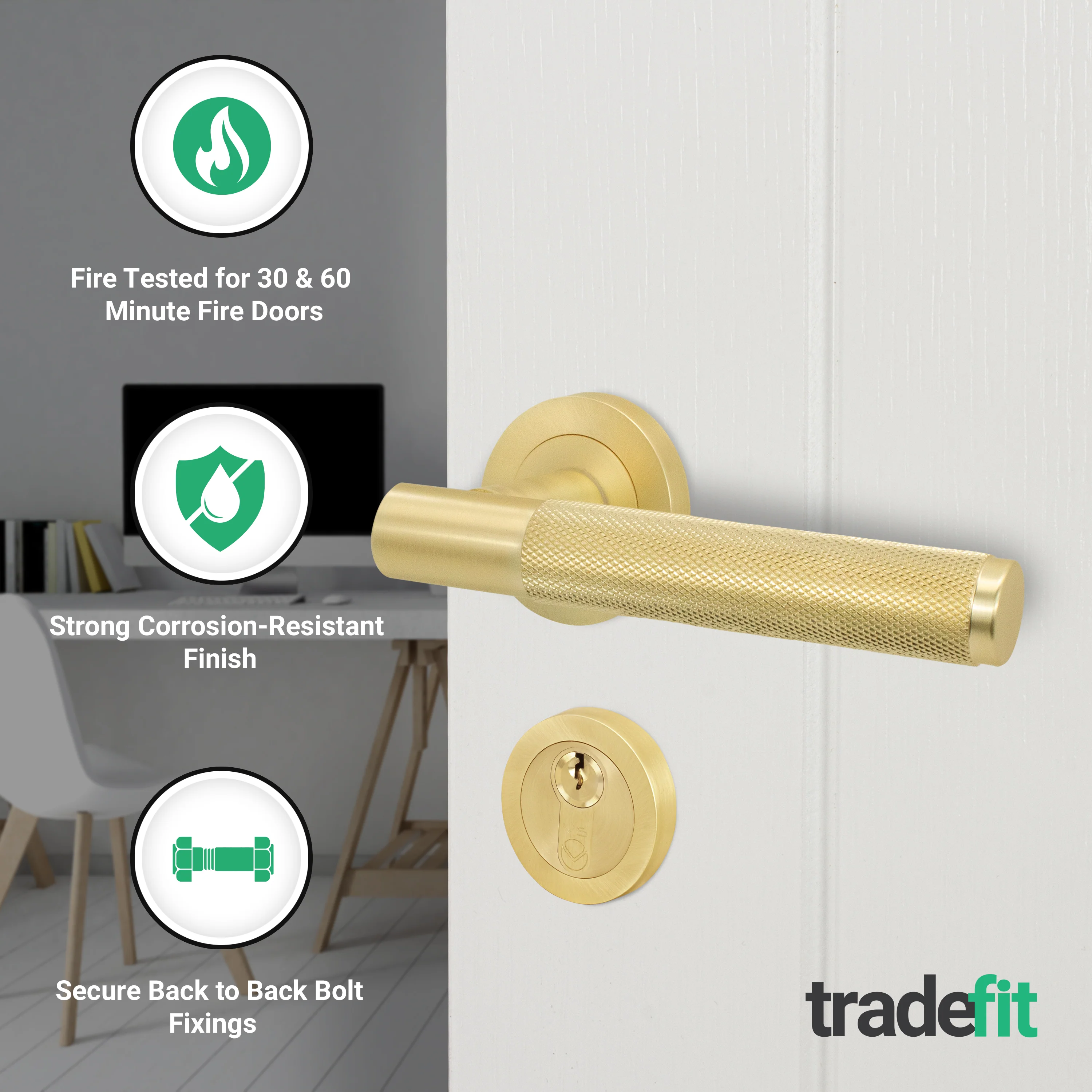 Dumont Satin Brass Lever on Rose Door Handle Kit - Medium Duty FD30/60 - 80mm Euro Sashlock and Thumbturn Cylinder - Keyed Alike - Image 2