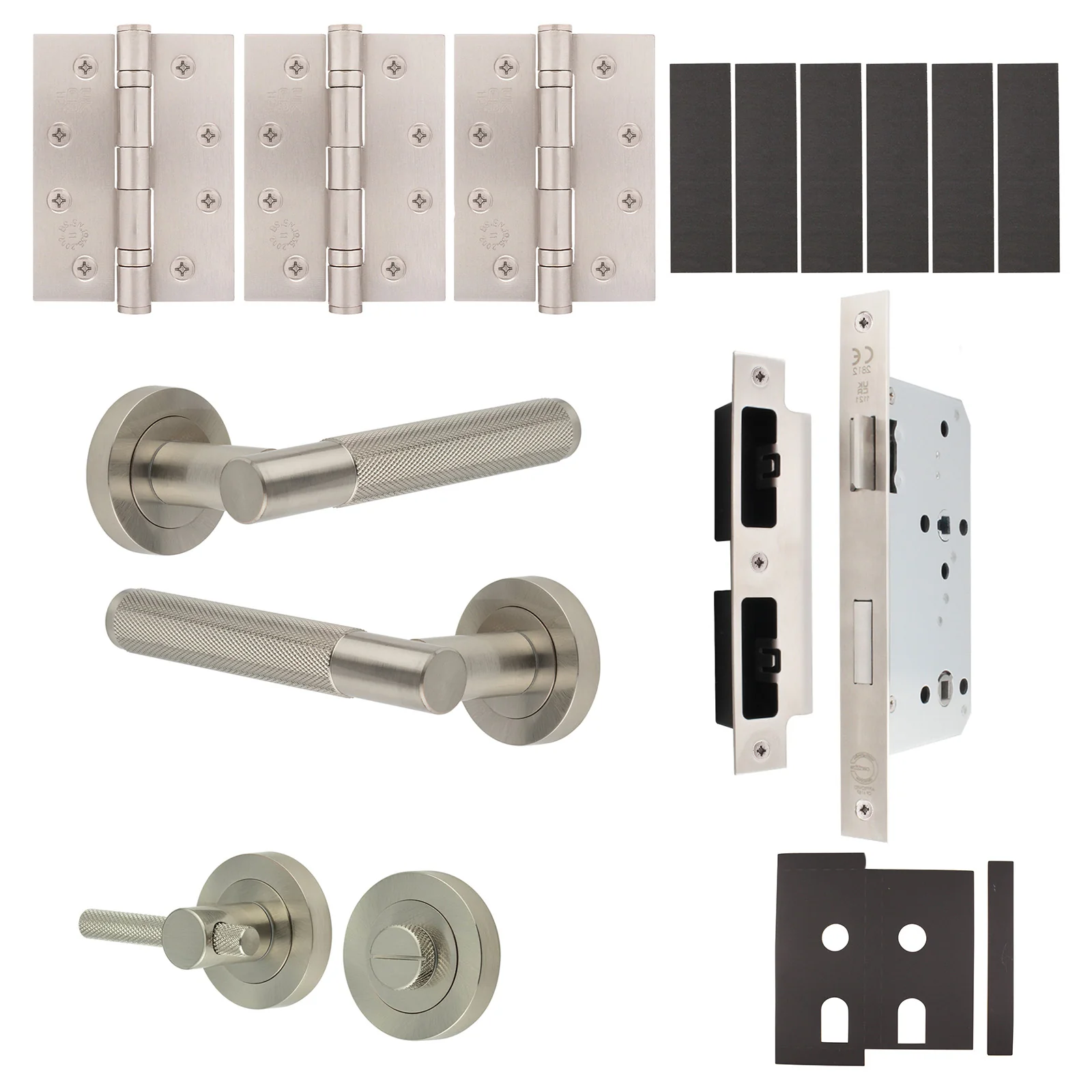 Dumont Satin Nickel Lever on Rose Door Handle Kit - Heavy Duty FD30/60 - DIN Bathroom Lock