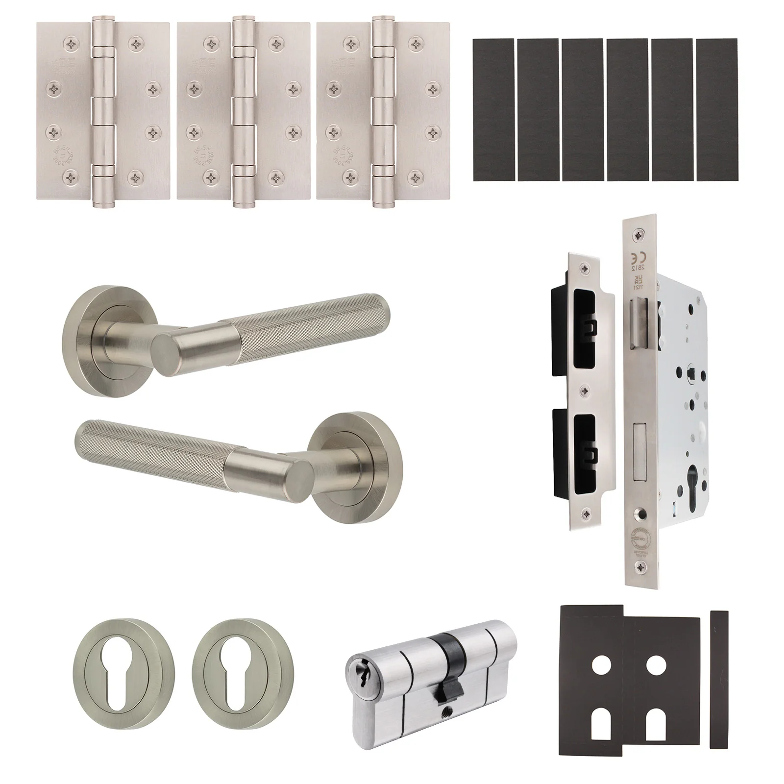 Dumont Satin Nickel Lever on Rose Door Handle Kit - Heavy Duty FD30/60 - DIN Euro Sashlock and Double Cylinder - Keyed to Differ