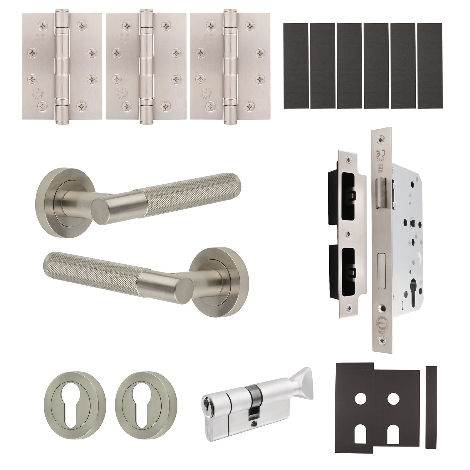 Dumont Satin Nickel Lever on Rose Door Handle Kit - Heavy Duty FD30/60 - DIN Euro Sashlock and Thumbturn Cylinder - Keyed to Differ