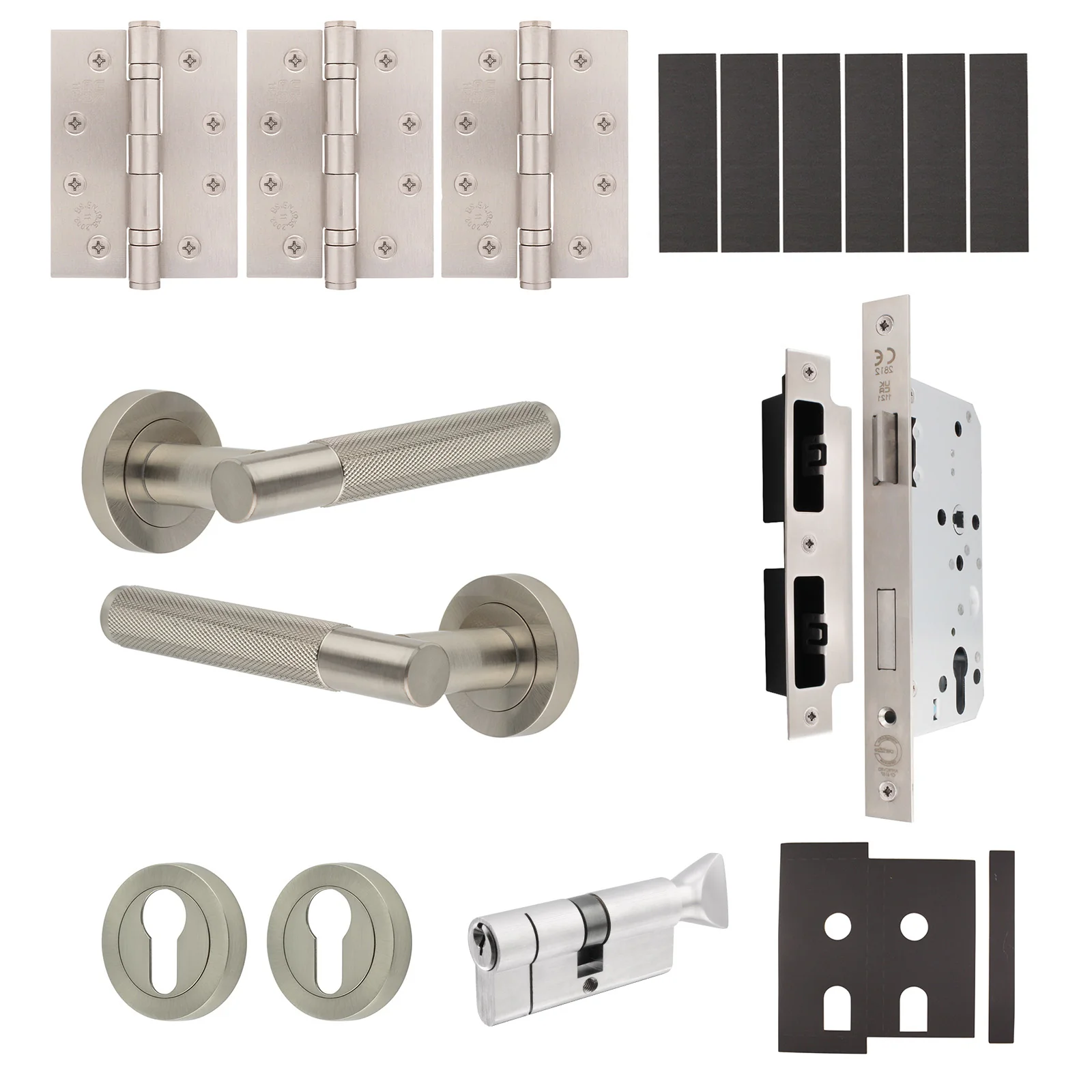 Dumont Satin Nickel Lever on Rose Door Handle Kit - Heavy Duty FD30/60 - DIN Euro Sashlock and Thumbturn Cylinder - Master Keyed