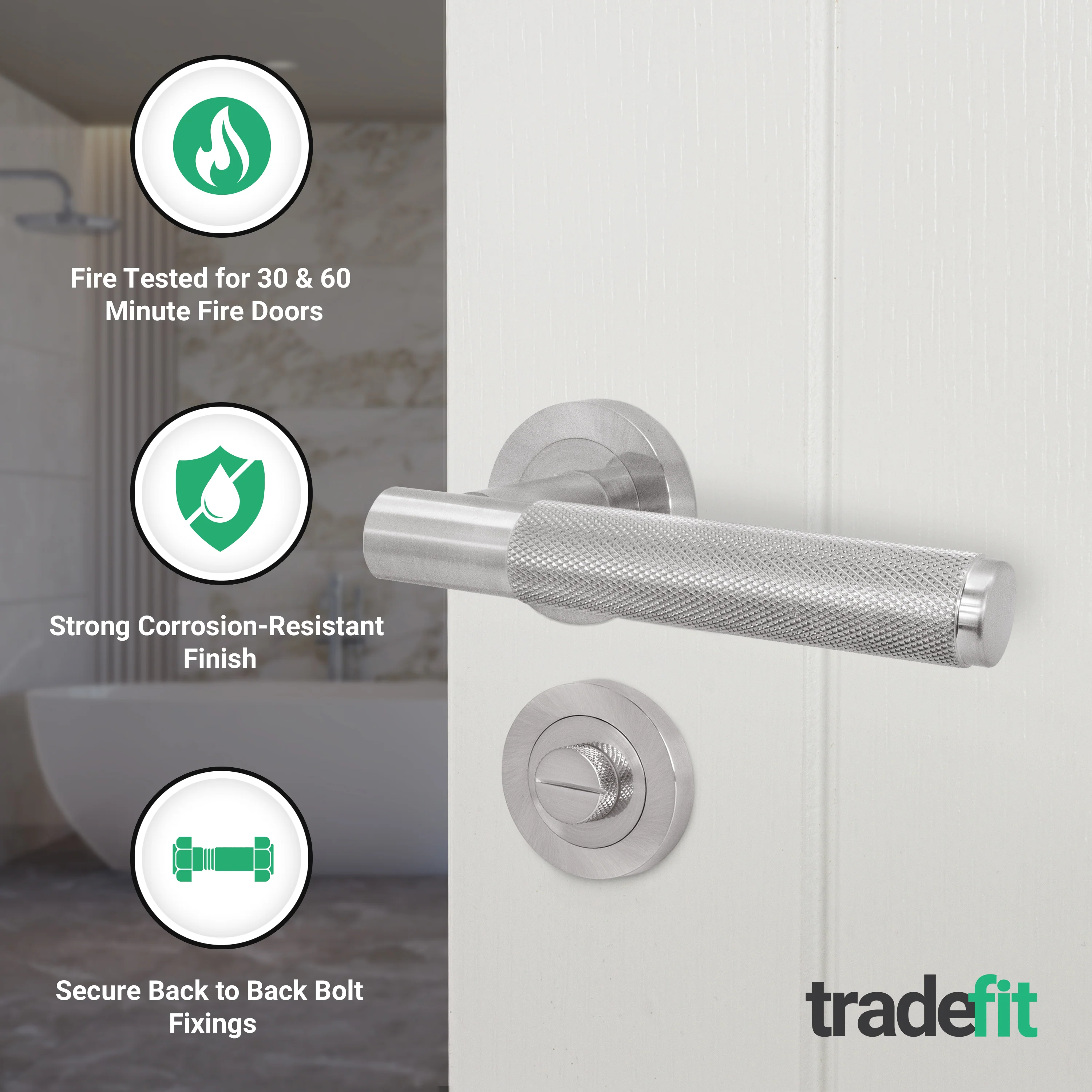 Dumont Satin Nickel Lever on Rose Door Handle Kit - Medium Duty FD30/60 - 80mm Bathroom Lock - Image 2