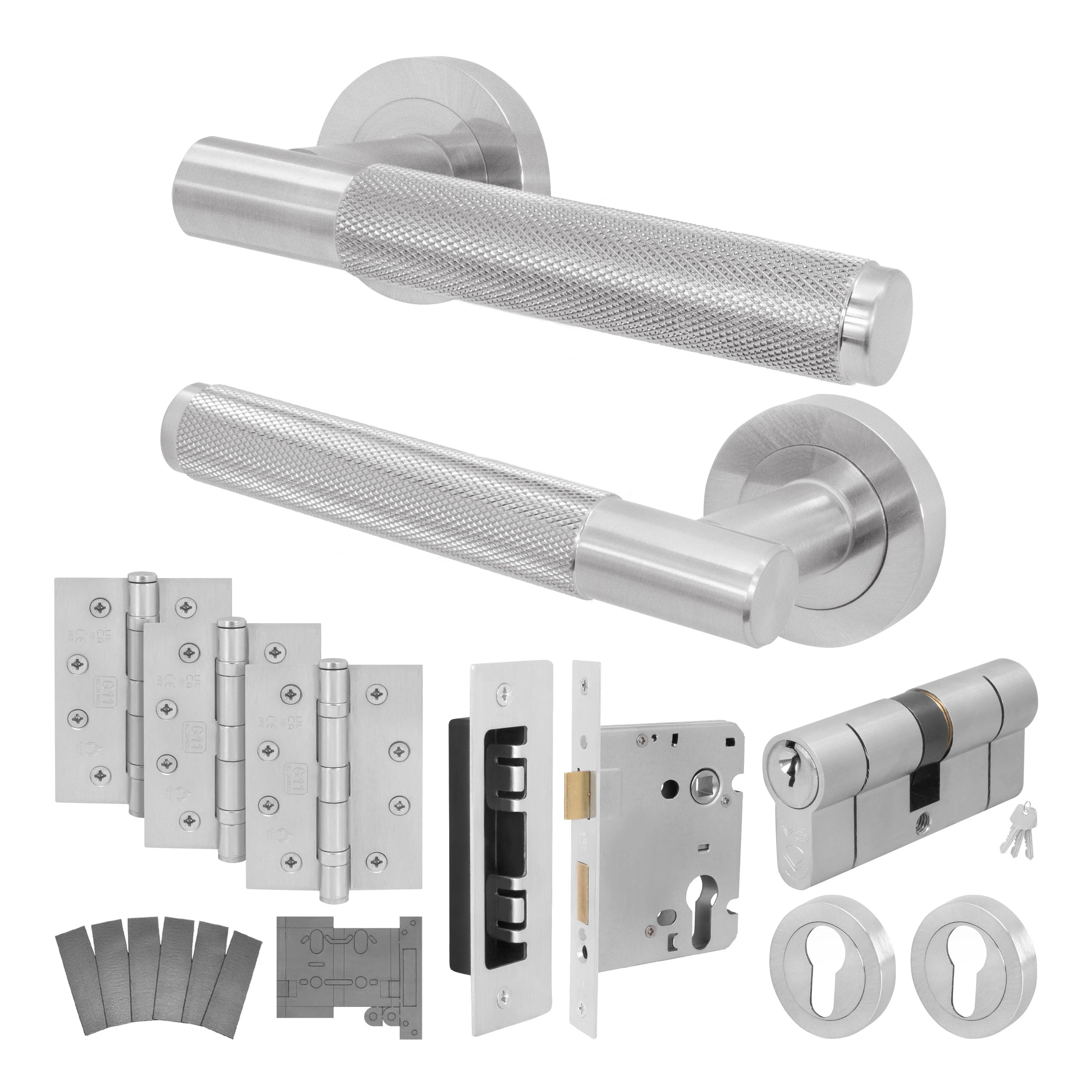 Dumont Satin Nickel Lever on Rose Door Handle Kit - Medium Duty FD30/60 - 80mm Euro Sashlock and Double Cylinder - Keyed Alike