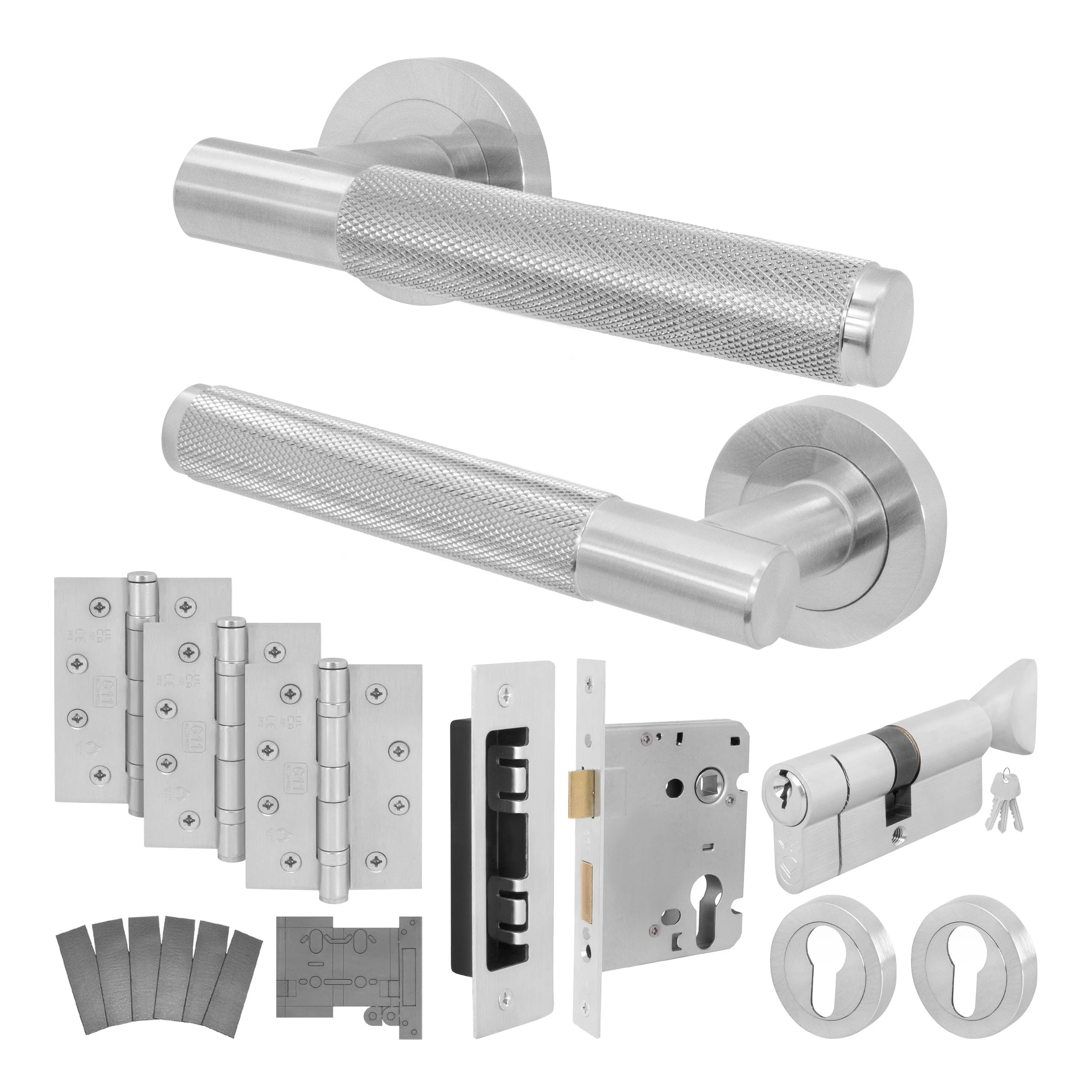 Dumont Satin Nickel Lever on Rose Door Handle Kit - Medium Duty FD30/60 - 80mm Euro Sashlock and Thumbturn Cylinder - Keyed Alike