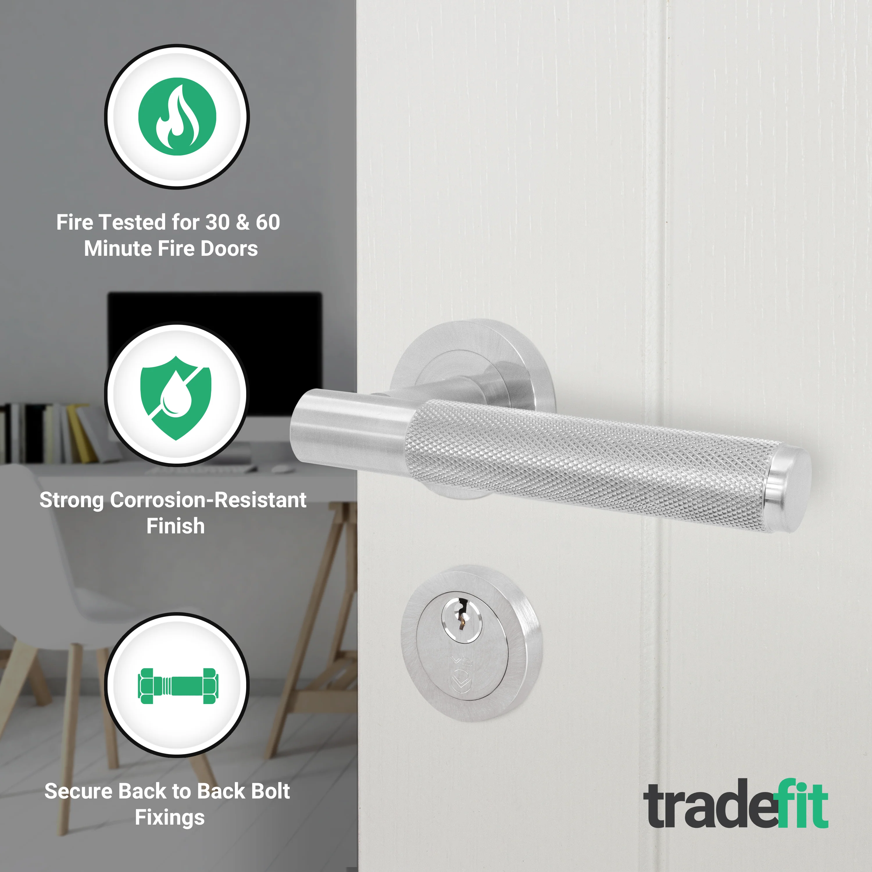 Dumont Satin Nickel Lever on Rose Door Handle Kit - Medium Duty FD30/60 - 80mm Euro Sashlock and Thumbturn Cylinder - Master Keyed - Image 2
