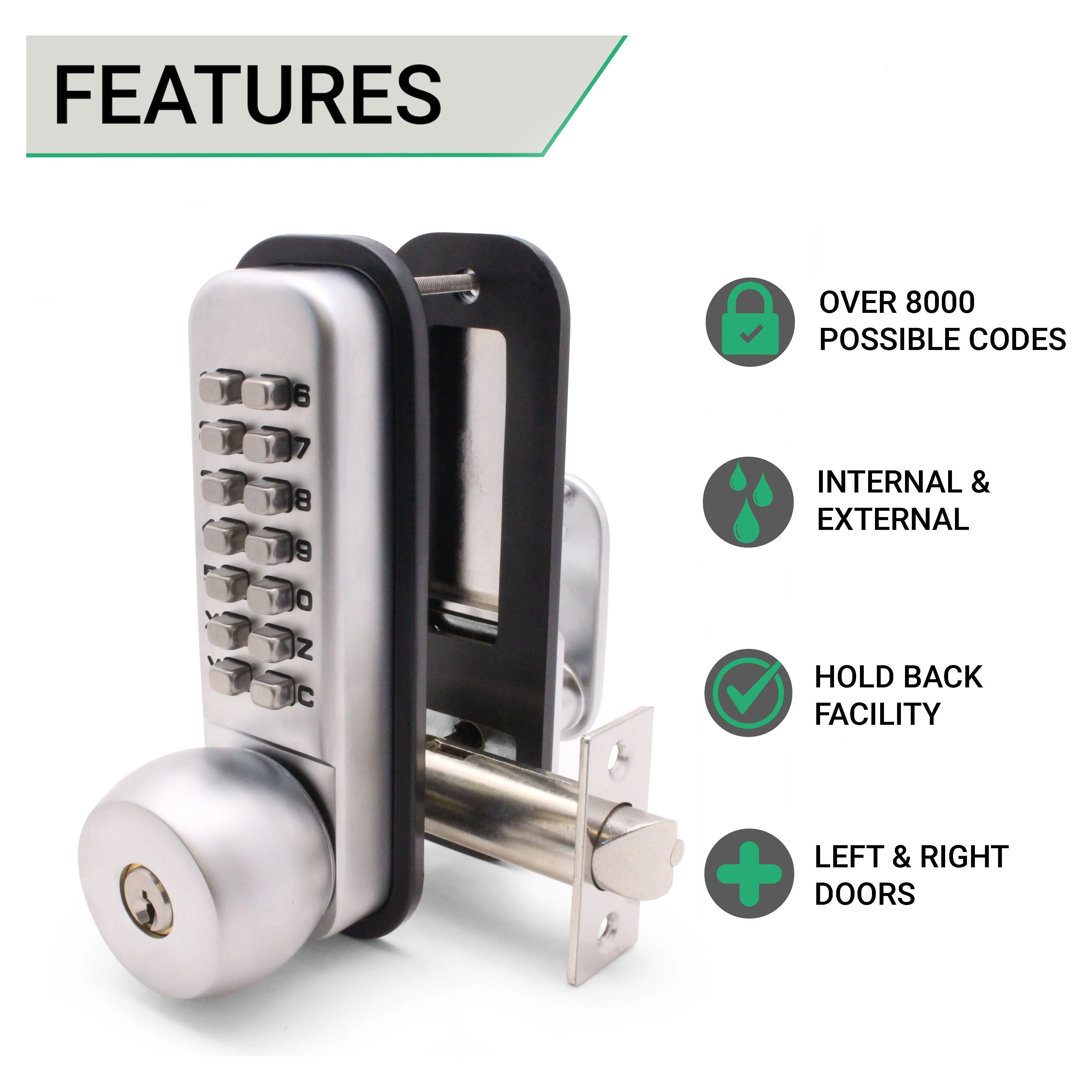 ED20 Knob & Key Over-ride Push Button Mechanical Digital Code Lock - Fire Rated - Satin Chrome - Image 3