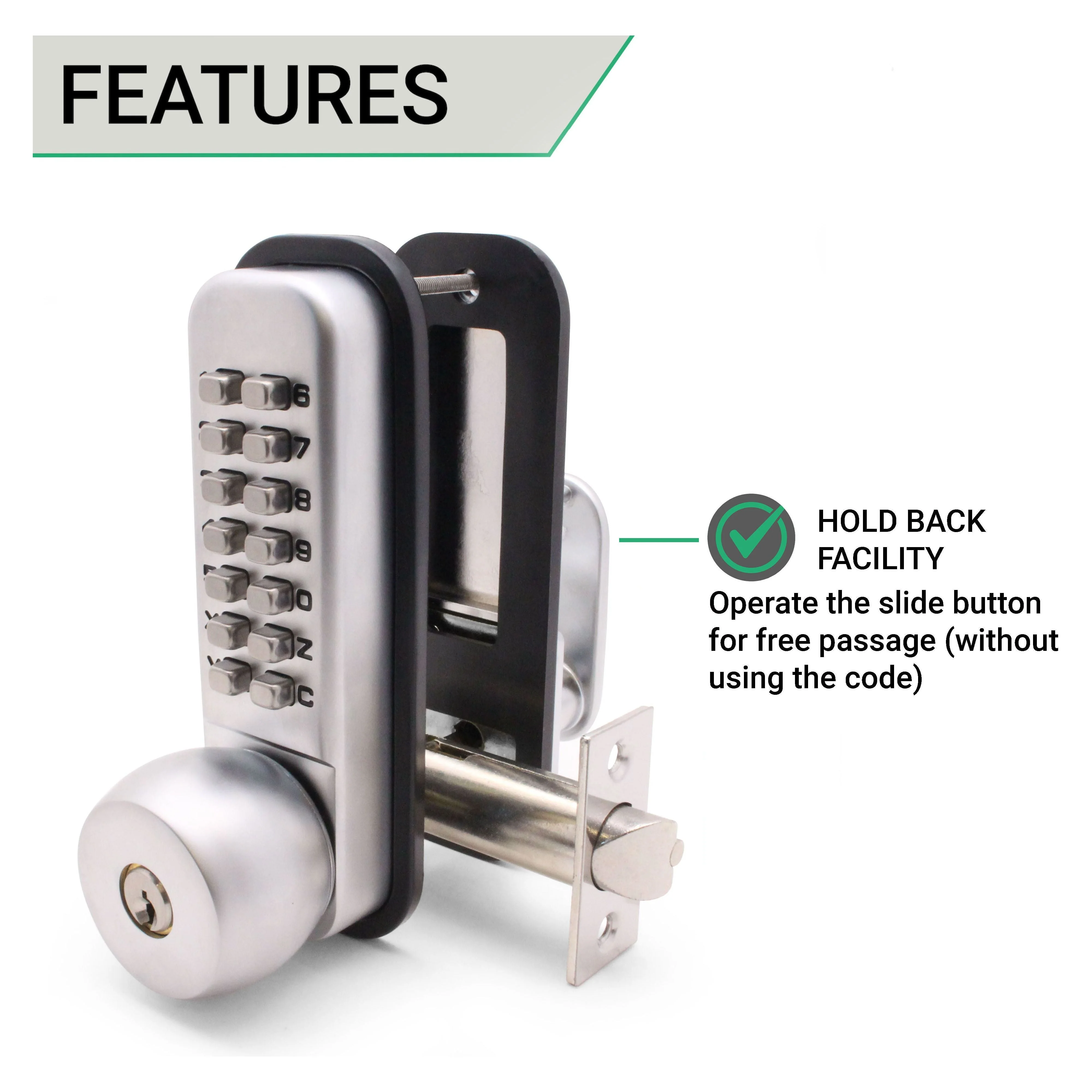 ED20 Knob & Key Over-ride Push Button Mechanical Digital Code Lock - Fire Rated - Satin Chrome - Image 4