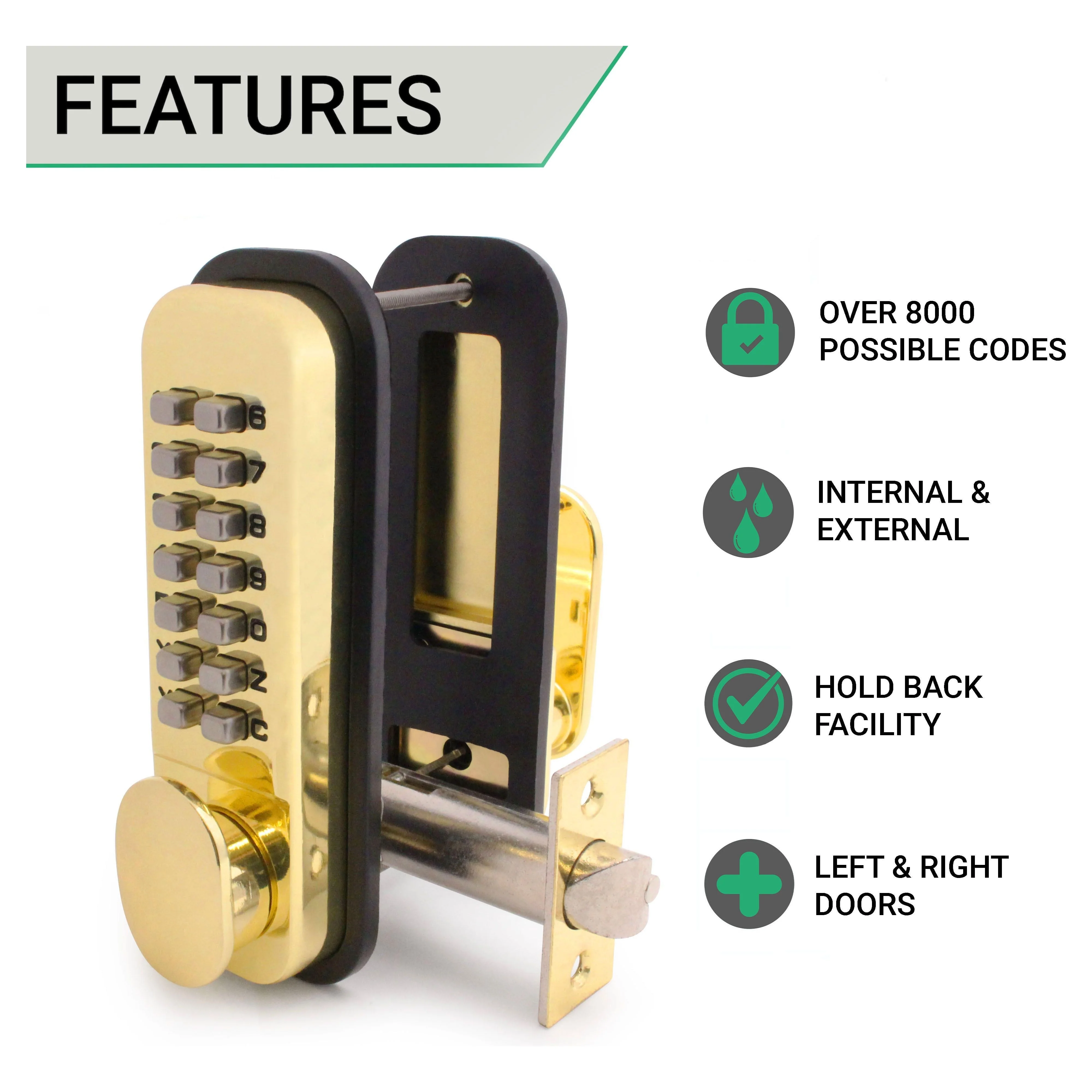 ED20 Paddle Push Button Hold Back Mechanical Digital Code Lock - Fire Rated - Brass Finish - Image 3