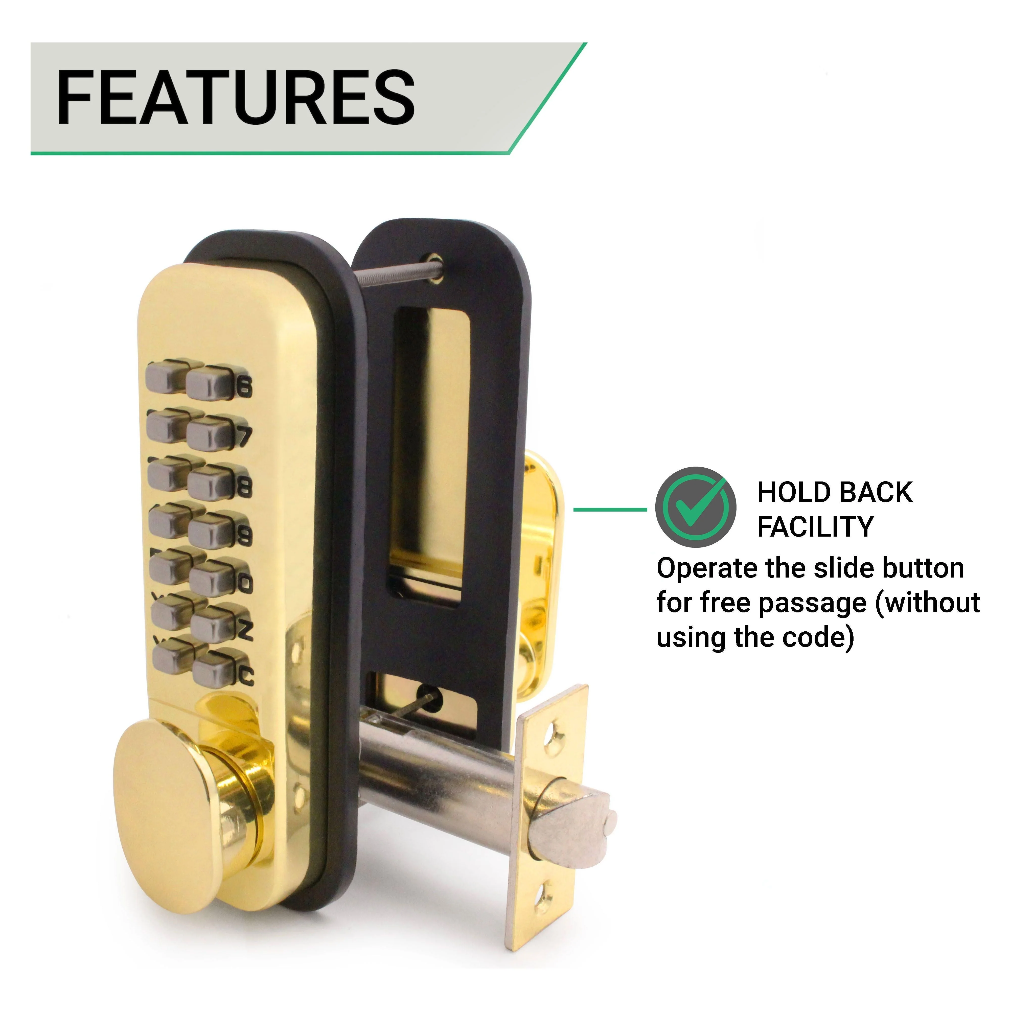 ED20 Paddle Push Button Hold Back Mechanical Digital Code Lock - Fire Rated - Brass Finish - Image 4