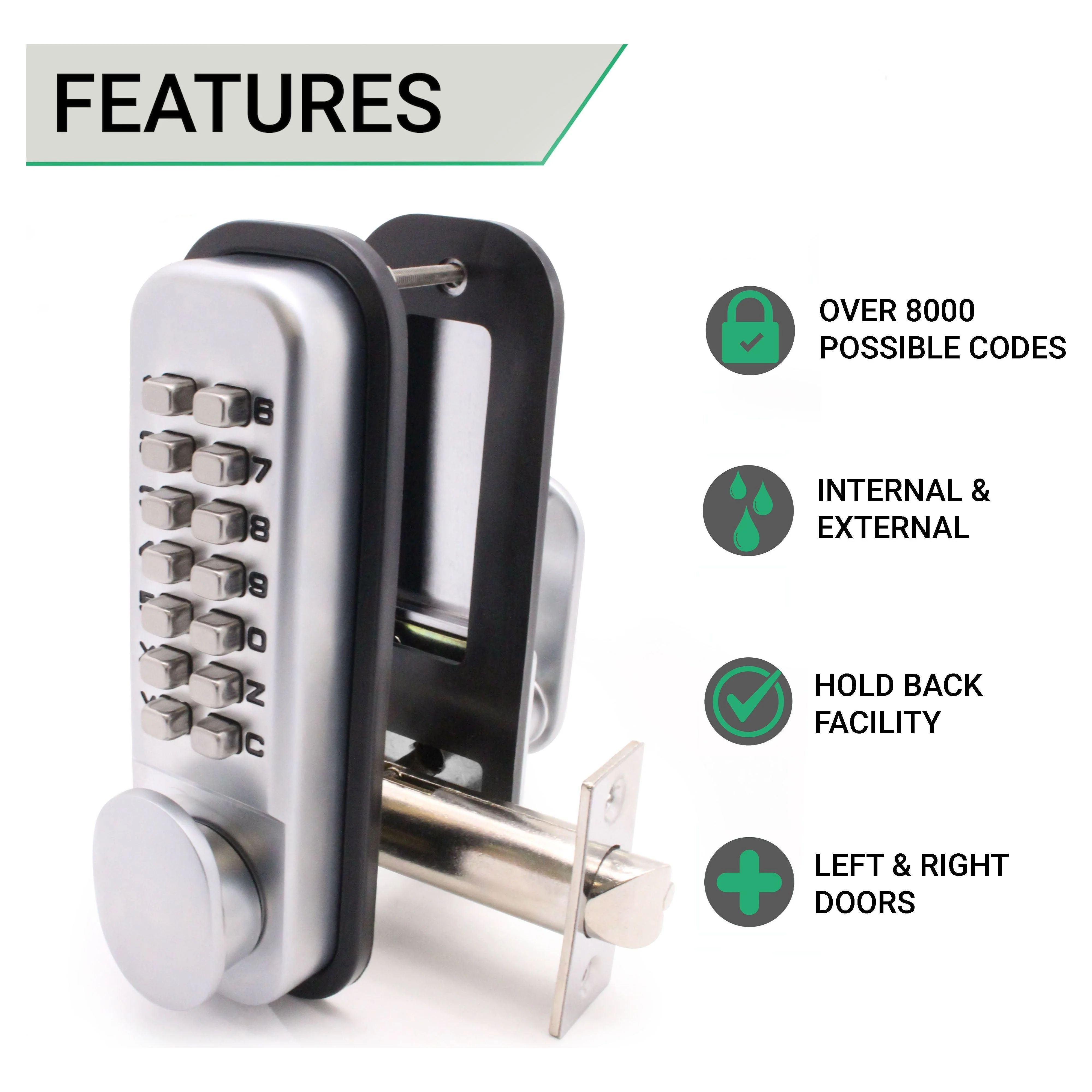 ED20 Paddle Push Button Hold Back Mechanical Digital Code Lock - Fire Rated - Satin Chrome - Image 3