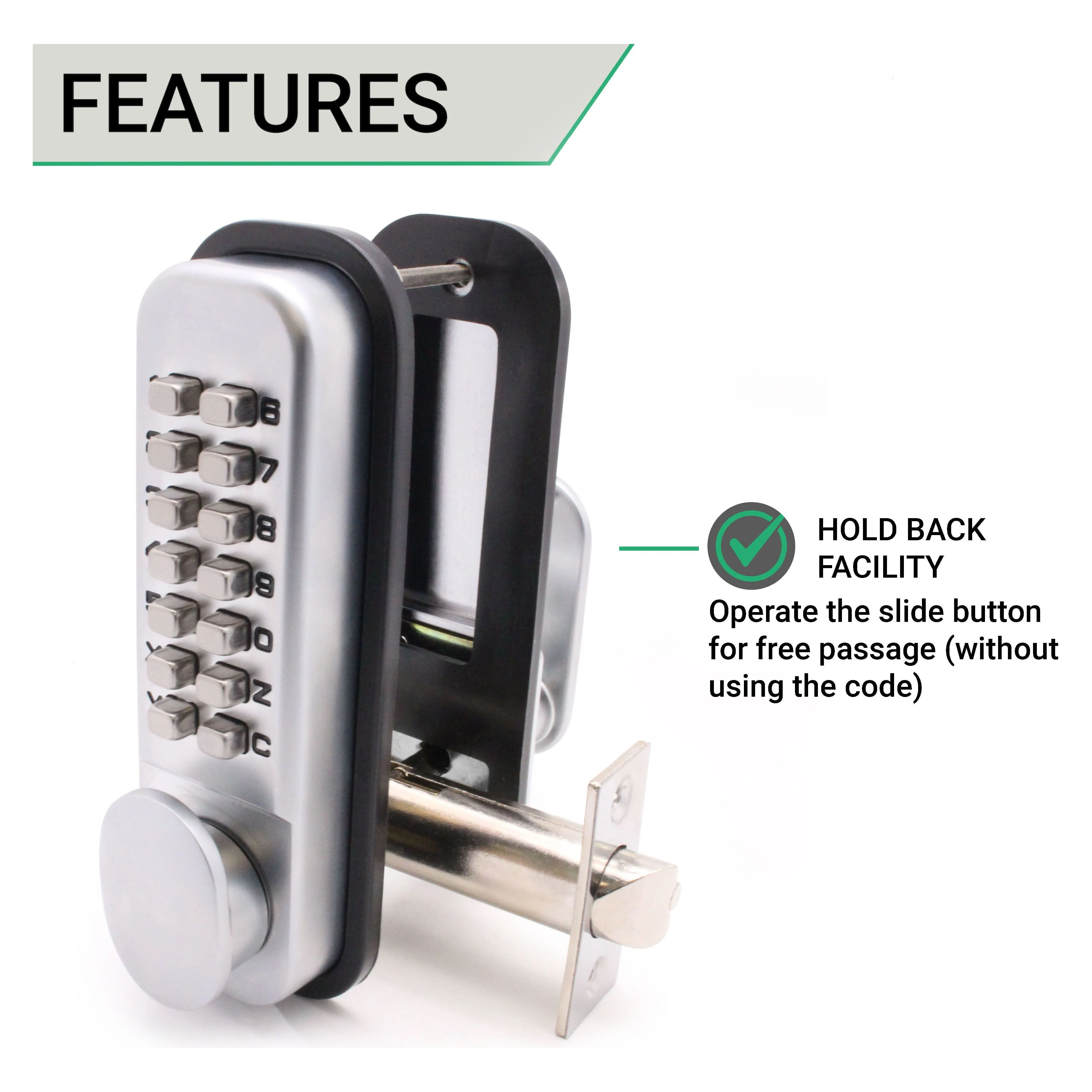 ED20 Paddle Push Button Hold Back Mechanical Digital Code Lock - Fire Rated - Satin Chrome - Image 4