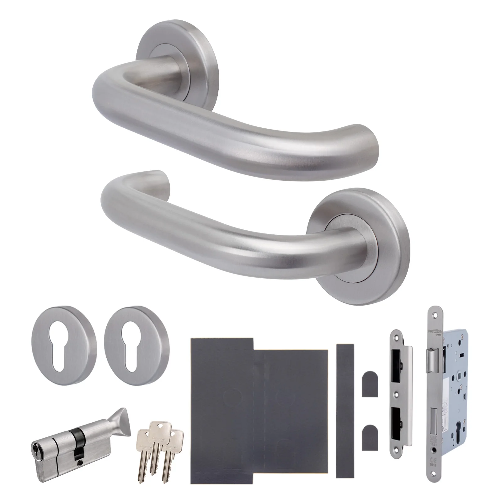 Emergency Escape Lock Kit Door HMO Radius DIN Lock - Cylinder & Turn - Satin Stainless Steel - 60mm Backset/ 90mm Case