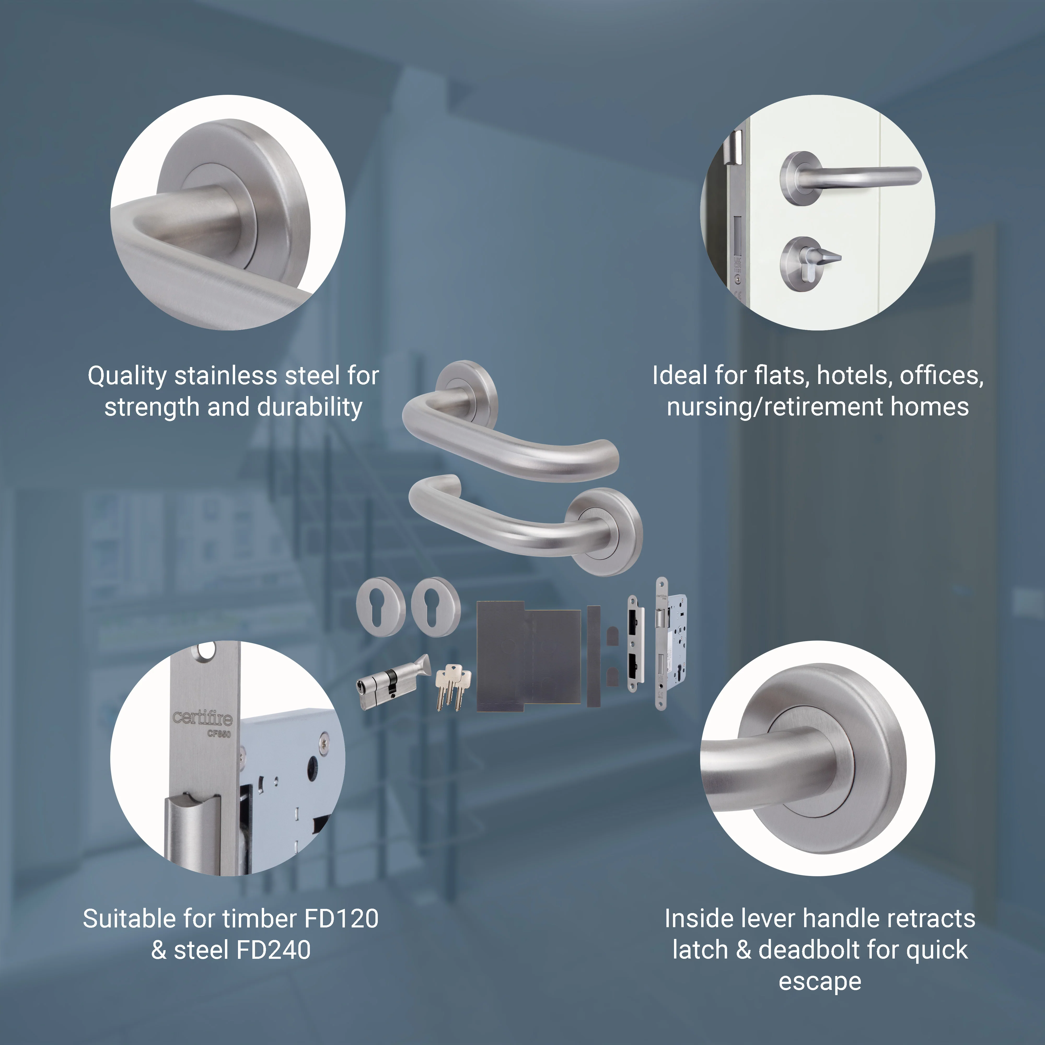 Emergency Escape Lock Kit Door HMO Radius DIN Lock - Cylinder & Turn - Satin Stainless Steel - 60mm Backset/ 90mm Case - Image 3