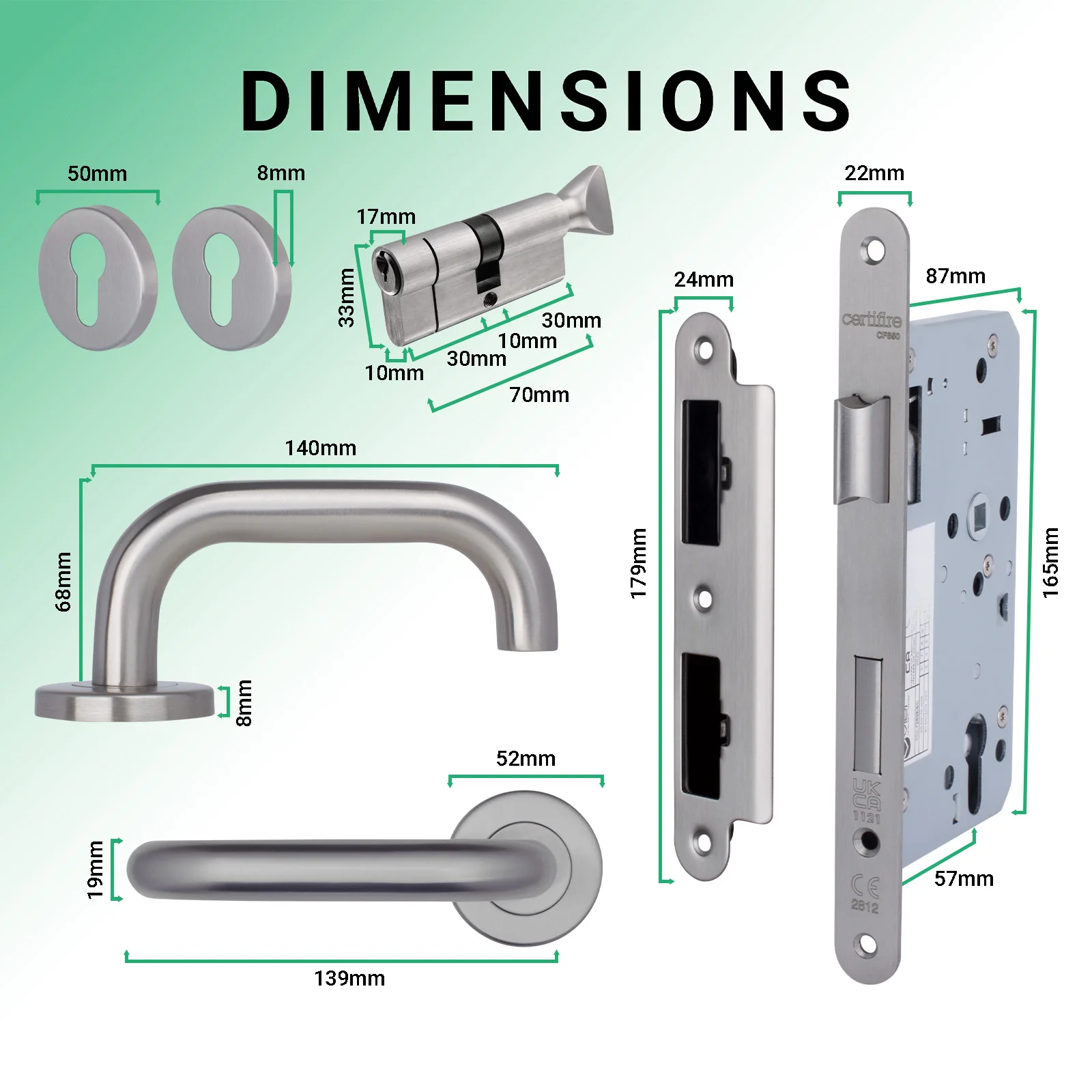 Emergency Escape Lock Kit Door HMO Radius DIN Lock - Cylinder & Turn - Satin Stainless Steel - 60mm Backset/ 90mm Case - Image 4