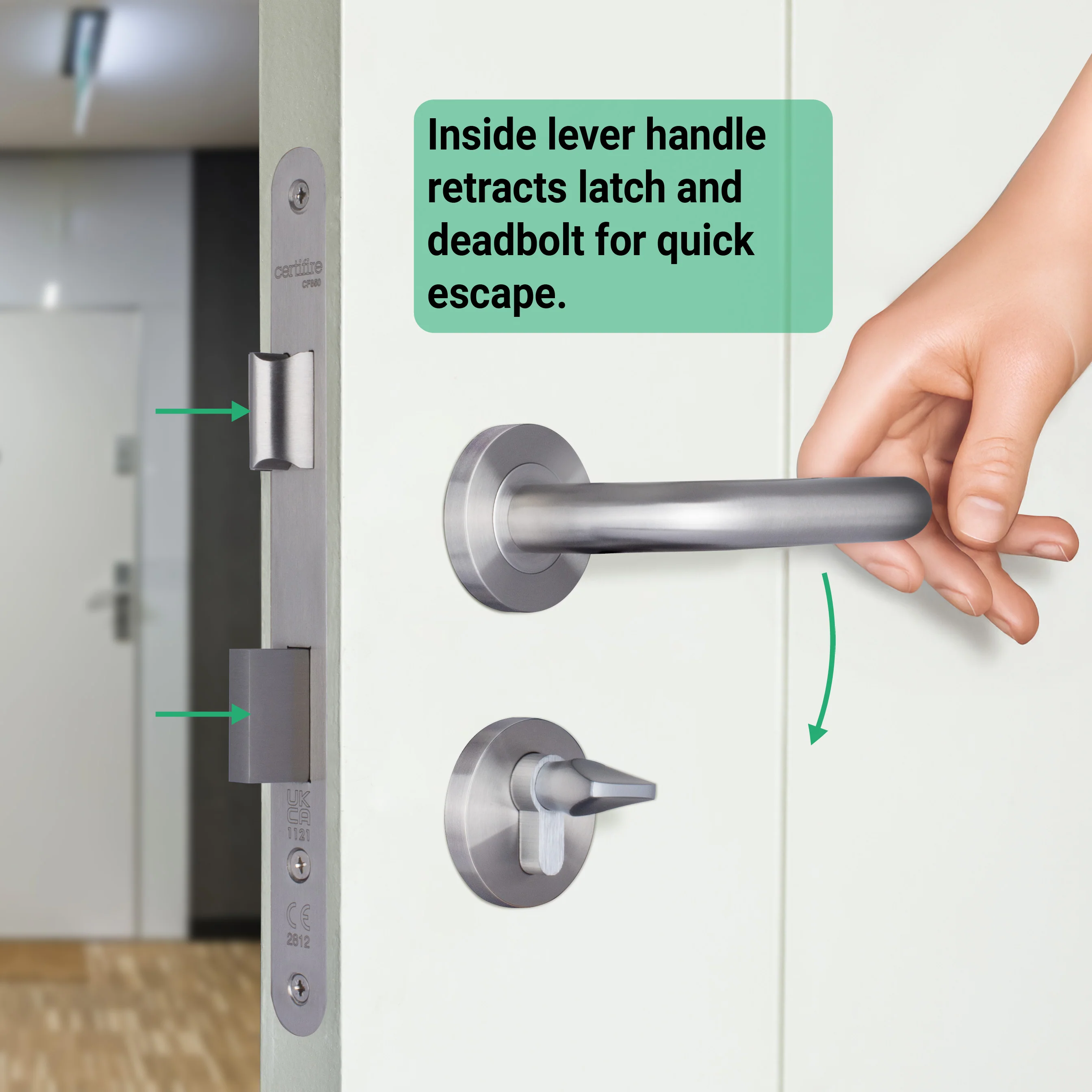 Emergency Escape Lock Kit Door HMO Radius DIN Lock - Cylinder & Turn - Satin Stainless Steel - 60mm Backset/ 90mm Case - Image 6