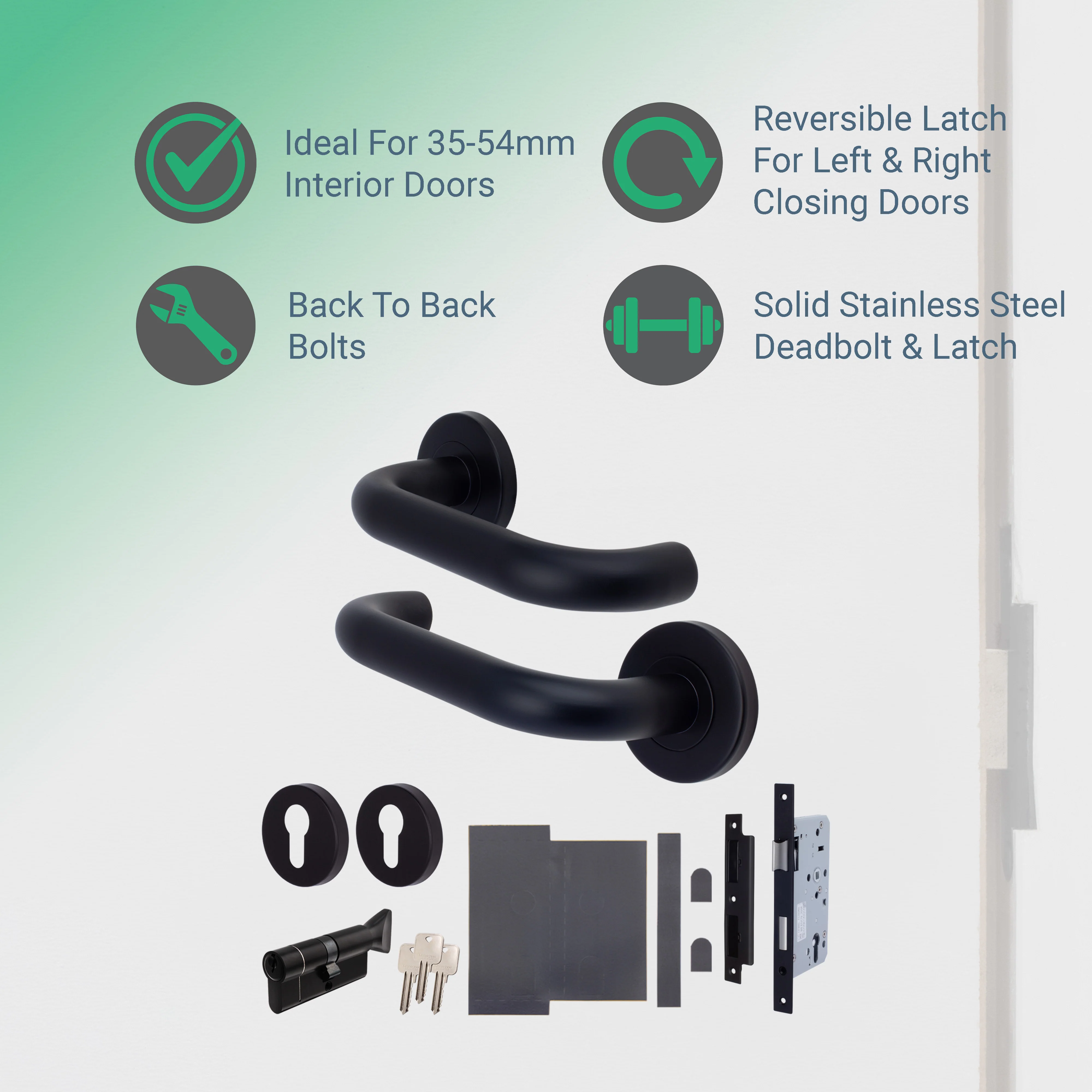 Emergency Escape Lock Kit Door HMO Square DIN Lock - Cylinder & Turn - Matt Black - 60mm Backset/ 90mm Case - Image 2