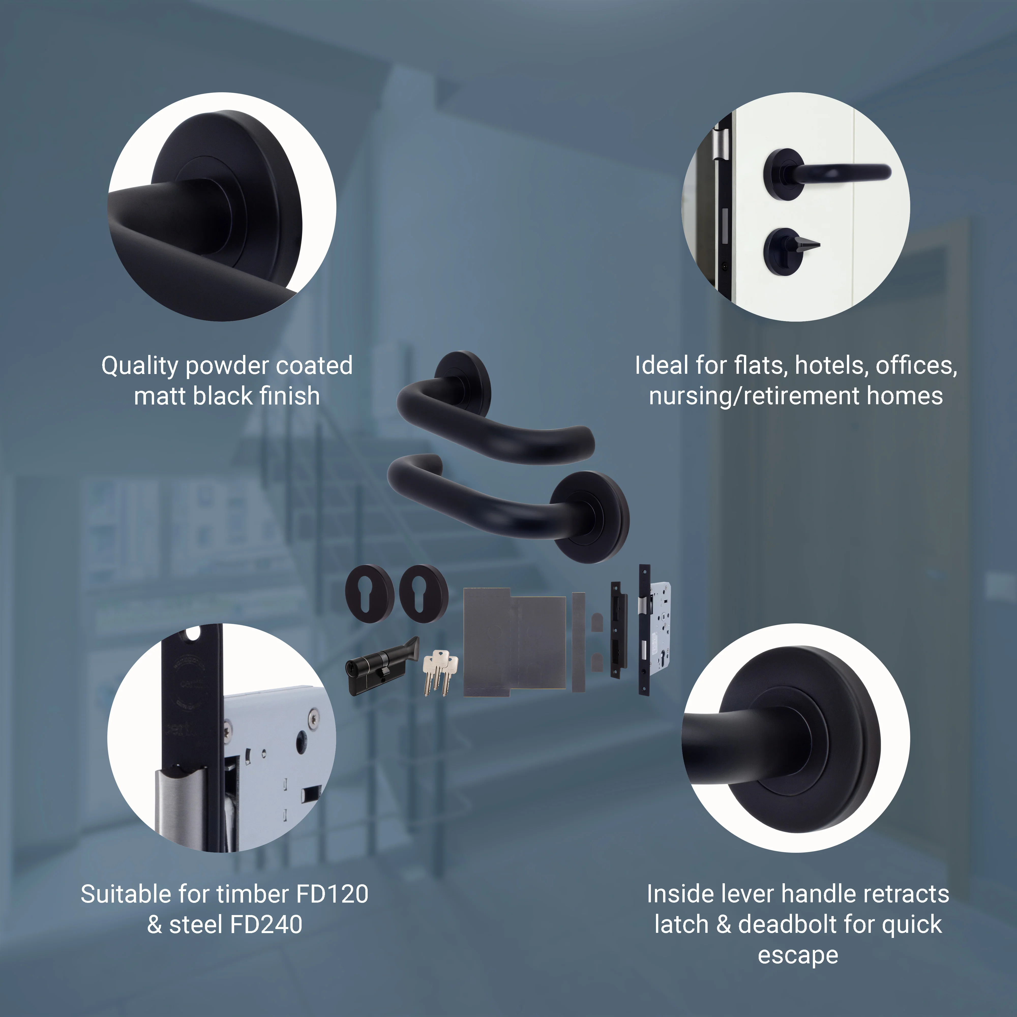 Emergency Escape Lock Kit Door HMO Square DIN Lock - Cylinder & Turn - Matt Black - 60mm Backset/ 90mm Case - Image 3