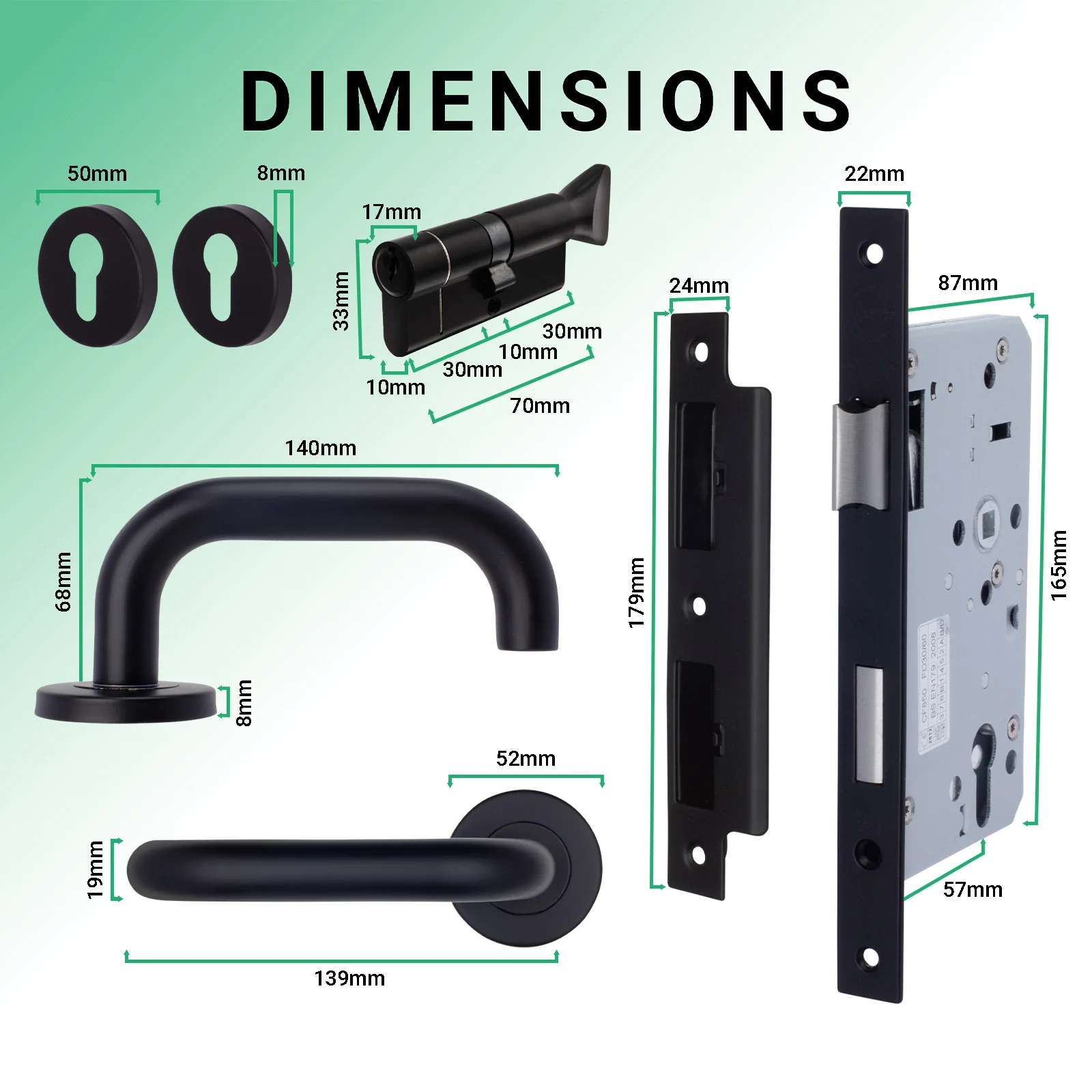 Emergency Escape Lock Kit Door HMO Square DIN Lock - Cylinder & Turn - Matt Black - 60mm Backset/ 90mm Case - Image 4