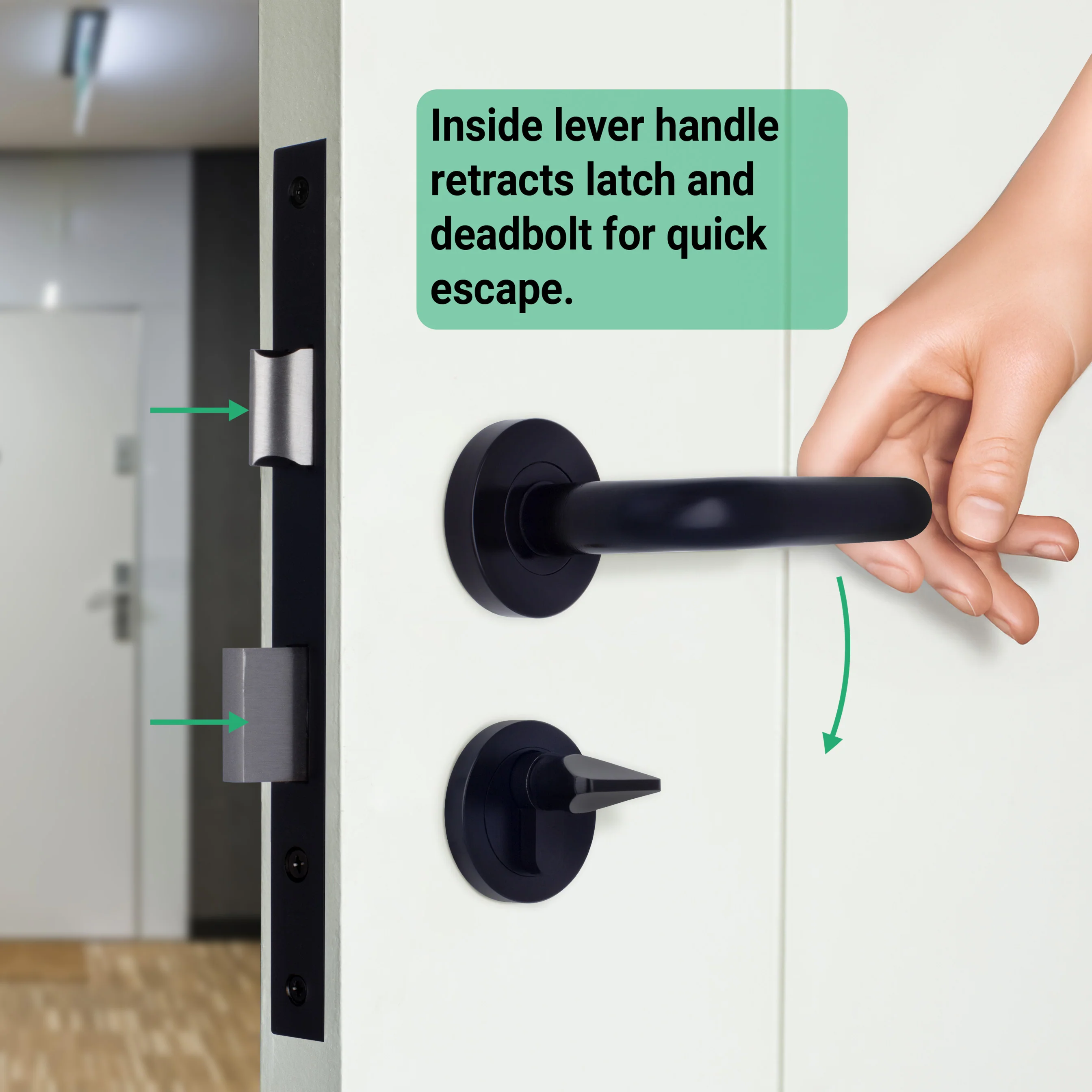 Emergency Escape Lock Kit Door HMO Square DIN Lock - Cylinder & Turn - Matt Black - 60mm Backset/ 90mm Case - Image 6