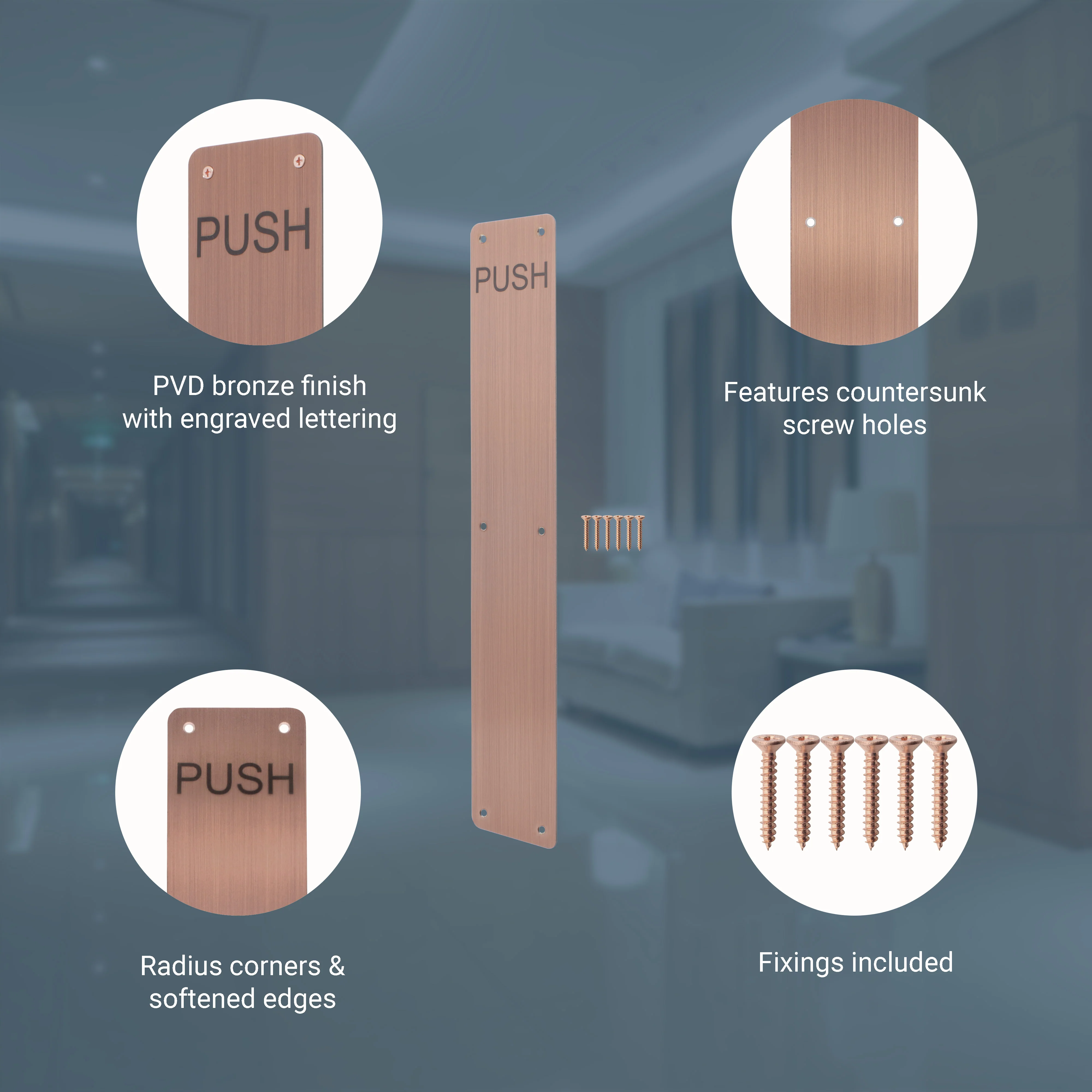 Engraved Push Finger Plate - 425 x 75 x 1.2mm Radius Corners - PVD Bronze - Image 3