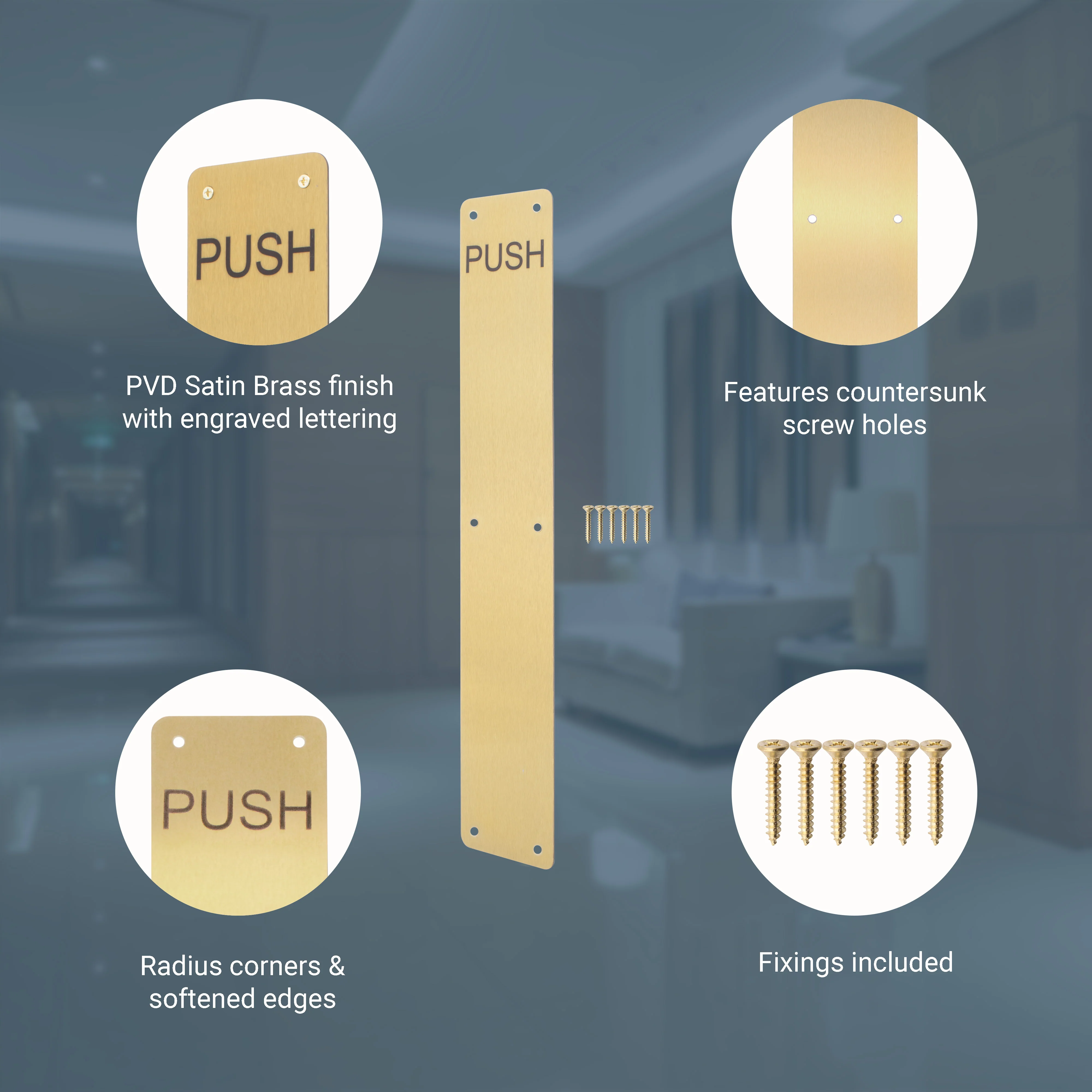Engraved Push Finger Plate - 425 x 75 x 1.2mm Radius Corners - PVD Brushed Brass - Image 3